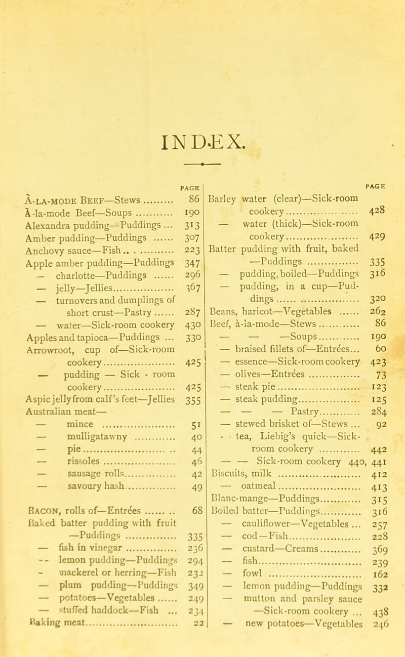 IND.EX, A-la-mode Beef—Stews \-la-mode Beef—Soups Alexandra pudding—Puddings ... Amber pudding—Puddings Anchovy sauce—Fish A-pple amber pudding—Puddings — charlotte—Puddings — jelly—^Jellies — turnovers and dumplings of short ciTist—Pastry — water—Sick-room cookery Apples and tapioca—Puddings ... Arrowroot, cup of—Sick-room cookery — pudding — Sick - room cookery Aspic jelly from calf’s feet—Jellies Australian meat— — mince — mulligatawny — pie — rissoles — sausage rolls — savoury hash Bacon, rolls of—Entrees Baked batter pudding with fruit —Puddings — fish in vinegar -- lemon pudding—Puddings tnackerel or herring—Fish — plum pudding—Puddings — potatoes—Vegetables — stuffed haddock—Fish ... Baking meat PAGE Barley water (clear)—Sick-room cookery 4^8 — water (thick)—Sick-room cookery 429 Batter pudding with fruit, baked —Puddings 335 — pudding, boiled—Puddings 316 — pudding, in a cup—Pud- dings 320 Beans, haricot—Vegetables 262 Beef, a-Ia-mode—Stew's 86 — — —Soups 190 — braised fillets of—Entrees... 60 — essence—Sick-room cookery 423 — olives—Entrees 73 — steak pie 123 — steak pudding 125 — — — Pastry 284 — stewed brisket of—Stews ... 92 — • tea, Liebig’s quick—Sick- room cookery 442 — — Sick-room cookery 440, 441 Biscuits, milk 412 — oatmeal 413 Blanc-mange—Puddings 315 Boiled batter—Puddings 316 — cauliflower—Vegetables ... 257 — cod—Fish 228 — custard—Creams 369 — fish 239 — fowl 162 — lemon pudding—Puddings 332 — mutton and parsley sauce —Sick-room cookery ... 438 — new potatoes—Vegetables 246 PAGE 86 190 313 307 223 347 296 367 287 430 330 425 425 355 51 40 44 46 42 49 68 335 236 294 232 349 249 234 22