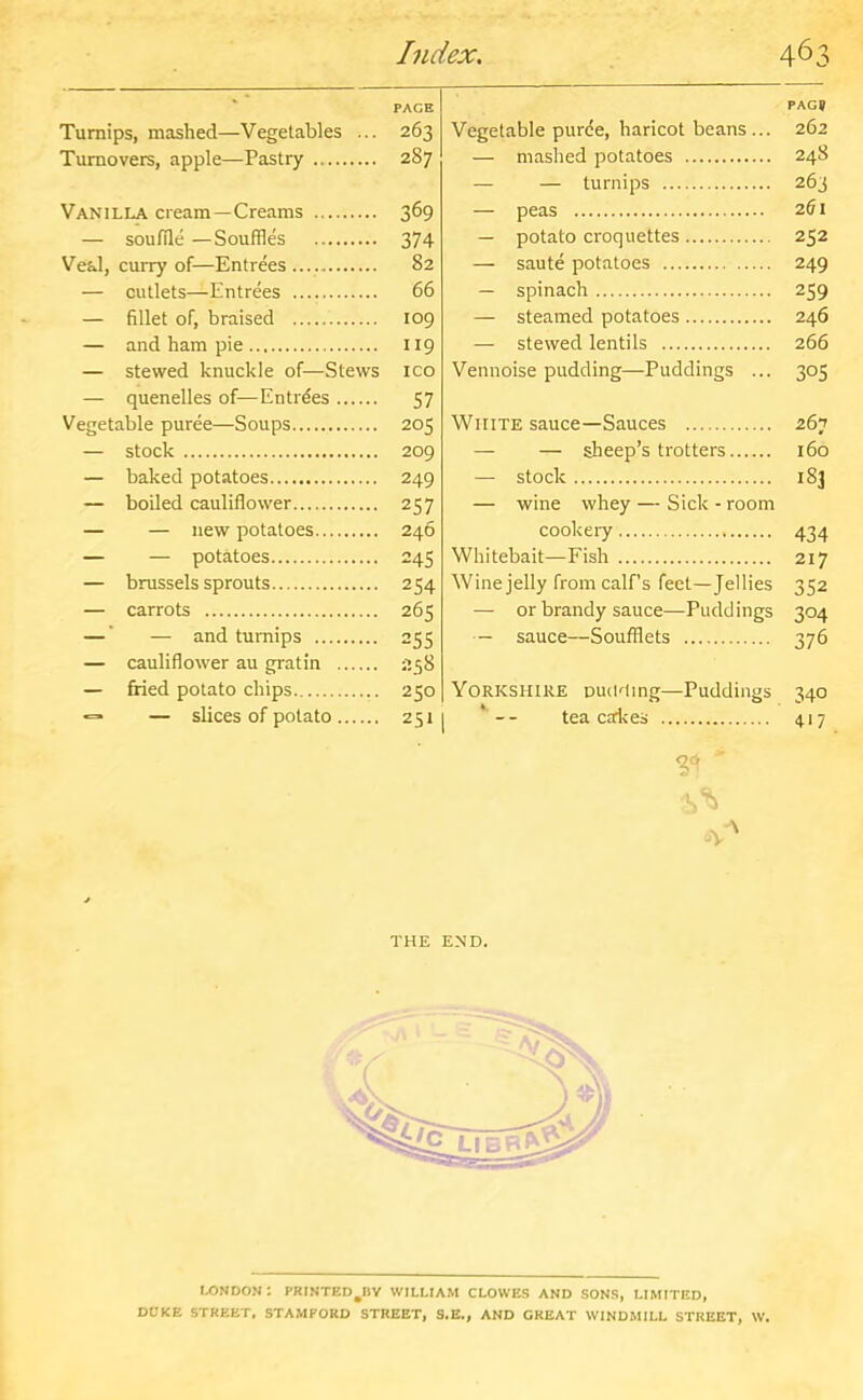 PAGE Turnips, mashed—Vegetables ... 263 Turnovers, apple—Pastry 287 Vanilla cream—Creams 369 — souffle —Souffles 374 Veal, curry of—Entrees.... 82 — cutlets—Entrees 66 — fillet of, braised 109 — and ham pie 119 — stewed knuckle of—Stews ico — quenelles of—Entries 57 Vegetable puree—Soups 205 — stock 209 — baked potatoes 249 — boiled cauliflower 257 — — new potatoes 246 — — potatoes 245 — brussels sprouts 254 — carrots 265 —' — and turnips 255 — cauliflower au gratin 258 — fned potato chips 250 =■ — slices of potato 251 | PAGt Vegetable purde, haricot beans... 262 — mashed potatoes 248 — — turnips 263 — peas 261 — potato croquettes 252 — saute potatoes 249 — spinach 259 — steamed potatoes 246 — stewed lentils 266 Vennoise pudding—Puddings ... 305 White sauce—Sauces 267 — — sheep’s trotters 160 — stock 183 — wine whey — Sick - room cookeiy 434 Whitebait—Fish 217 Wine jelly from calf’s feet—Jellies 352 — or brandy sauce—Puddings 304 — sauce—Soufflets 376 Yorkshire ouci'iing—Puddings 340 *tea cadges 417 THE END. IX>NDON : PRINTED^nv WILLIAM CLOWES AND SONS, LIMITED, DUKE STREET, STAMFORD STREET, S.E., AND GREAT WINDMILL STREET, W.
