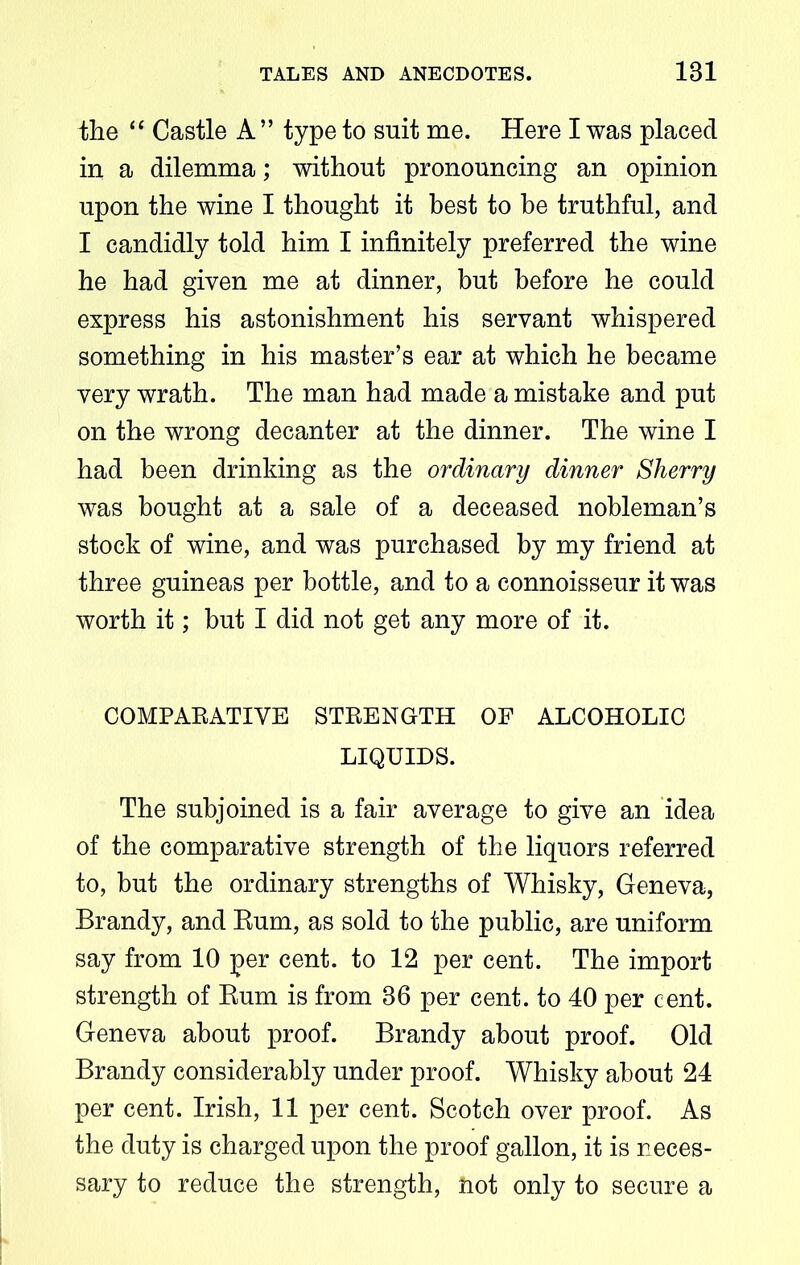 the “ Castle A ” type to suit me. Here I was placed in a dilemma; without pronouncing an opinion upon the wine I thought it best to be truthful, and I candidly told him I infinitely preferred the wine he had given me at dinner, but before he could express his astonishment his servant whispered something in his master’s ear at which he became very wrath. The man had made a mistake and put on the wrong decanter at the dinner. The wine I had been drinking as the ordinary dinner Sherry was bought at a sale of a deceased nobleman’s stock of wine, and was purchased by my friend at three guineas per bottle, and to a connoisseur it was worth it; but I did not get any more of it. COMPARATIVE STRENGTH OF ALCOHOLIC LIQUIDS. The subjoined is a fair average to give an idea of the comparative strength of the liquors referred to, but the ordinary strengths of Whisky, Geneva, Brandy, and Rum, as sold to the public, are uniform say from 10 per cent, to 12 per cent. The import strength of Rum is from 36 per cent, to 40 per cent. Geneva about proof. Brandy about proof. Old Brandy considerably under proof. Whisky about 24 per cent. Irish, 11 per cent. Scotch over proof. As the duty is charged upon the proof gallon, it is neces- sary to reduce the strength, Rot only to secure a