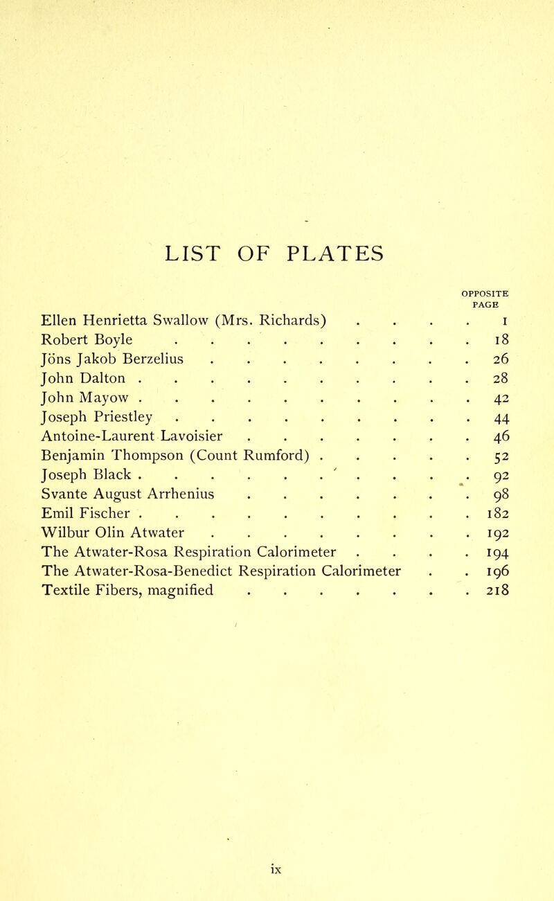 LIST OF PLATES OPPOSITE PAGE Ellen Henrietta Swallow (Mrs. Richards) . . . . i Robert Boyle i8 Jons Jakob Berzelius ........ 26 John Dalton 28 John Mayow .......... 42 Joseph Priestley ......... 44 Antoine-Laurent Lavoisier ....... 46 Benjamin Thompson (Count Rumford) ..... 52 Joseph Black ' . . . .92 Svante August Arrhenius ....... 98 Emil Fischer . . . . . . . . . .182 Wilbur Olin Atwater . . . . . . . .192 The Atwater-Rosa Respiration Calorimeter . . . -194 The Atwater-Rosa-Benedict Respiration Calorimeter . .196 Textile Fibers, magnified 218