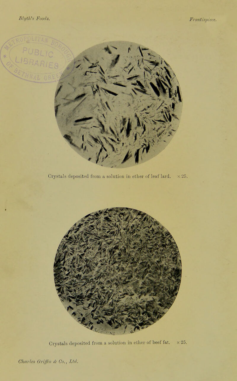 Blytk’s Foods. Frontispiece. Crystals deposited from a solution in ether of leaf lard. x 25. Crystals deposited from a solution in ether ol beel lat. x 25. Charles Griffin <£-• Co., Ltd.