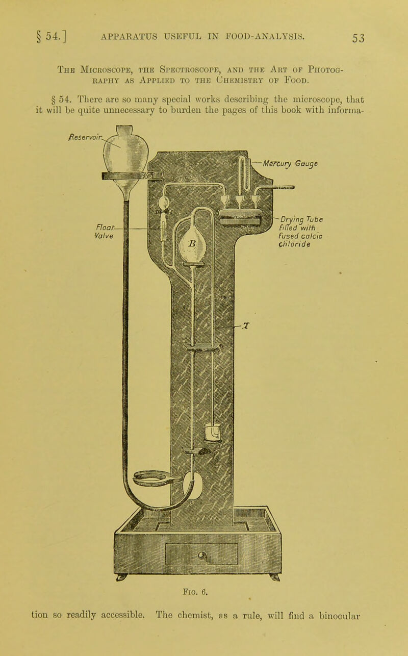 The Microscope, the Spectroscope, and the Art of Photog- raphy as Applied to the Chemistry of Food. § 54. There are so many special works describing the microscope, that it will be quite unnecessary to burden the pages of this book with informa- Fig. 6. tion so readily accessible. The chemist, as a rule, will find a binocular