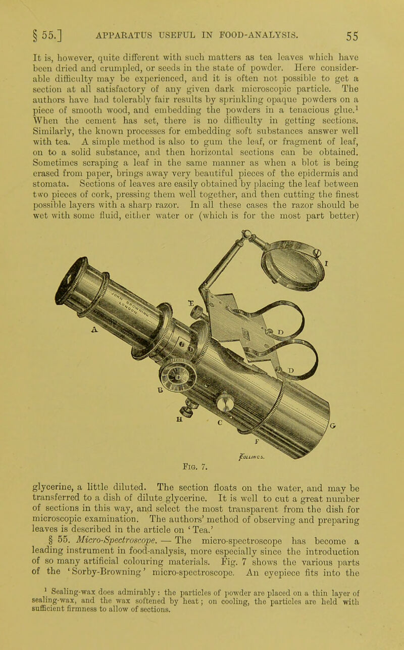 It is, however, quite different with, such matters as tea leaves which have been dried and crumpled, or seeds in the state of powder. Here consider- able difficulty may be experienced, and it is often not possible to get a section at all satisfactory of any given dark microscopic particle. The authors have had tolerably fair results by sprinkling opaque powders on a piece of smooth wood, and embedding the powders in a tenacious glue.1 When the cement has set, there is no difficulty in getting sections. Similarly, the known processes for embedding soft substances answer well with tea. A simple method is also to gum the leaf, or fragment of leaf, on to a solid substance, and then horizontal sections can be obtained. Sometimes scraping a leaf in the same manner as when a blot is being erased from paper, brings away very beautiful pieces of the epidermis and stomata. Sections of leaves are easily obtained by placing the leaf between two pieces of cork, pressing them well together, and then cutting the finest possible layers with a sharp razor. In all these cases the razor should be wet with some fluid, either water or (which is for the most part better) glycerine, a little diluted. The section floats on the water, and may be transferred to a dish of dilute glycerine. It is well to cut a great number of sections in this way, and select the most transparent from the dish for microscopic examination. The authors’ method of observing and preparing leaves is described in tbe article on ‘Tea.’ § 55. Micro-Spectroscope. — The micro-spectroscope has become a leading instrument in food-analysis, more especially since the introduction of so many artificial colouring materials. Fig. 7 show's the various parts of the ‘ Sorby-Browning ’ micro-spectroscope. An eyepiece fits into the 1 Sealing-wax does admirably : the particles of powder are placed on a thin layer of sealing-wax, and the wax softened by heat; on cooling, the particles are held with sufficient firmness to allow of sections.