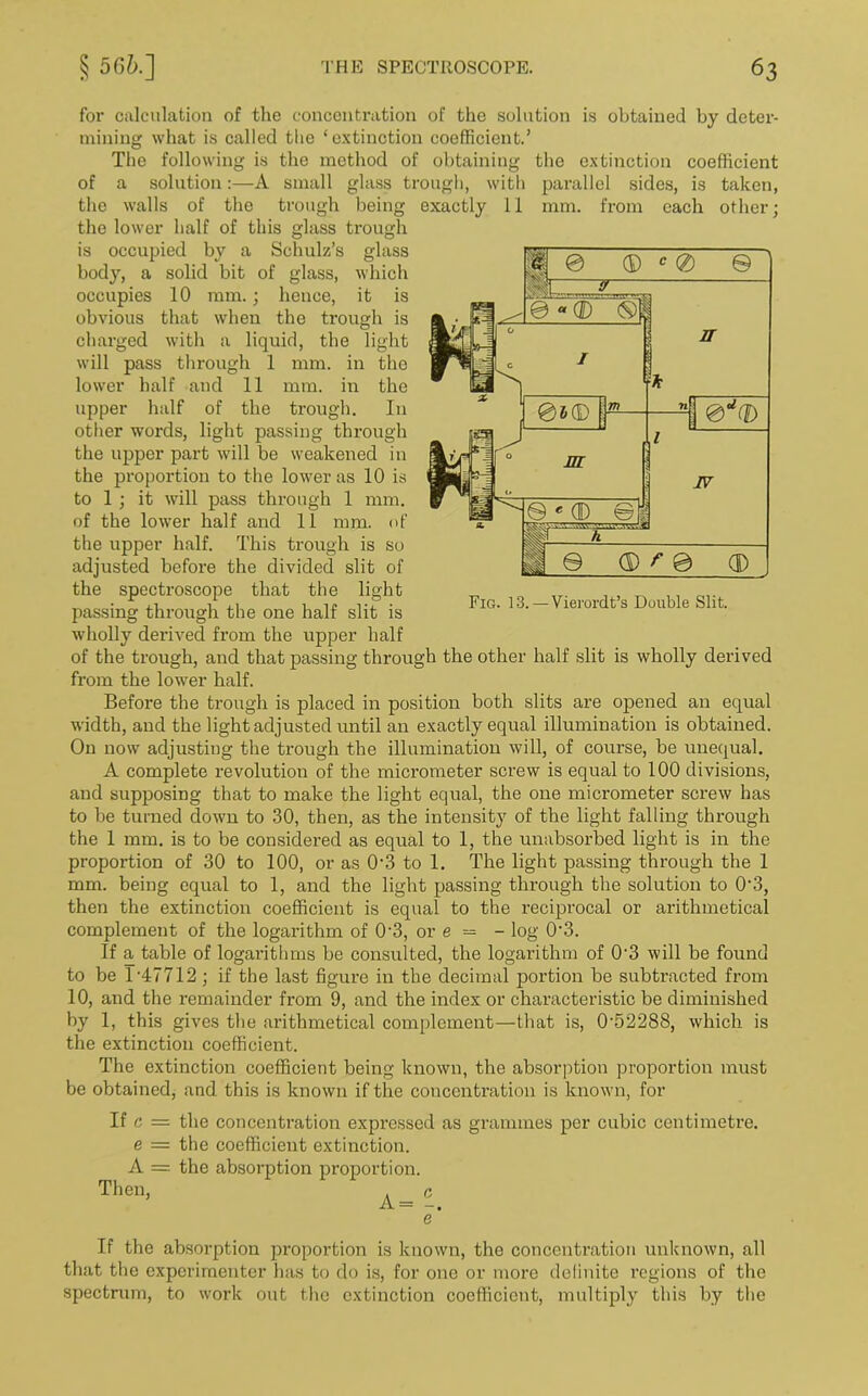 for calculation of the concentration of the solution is obtained by deter- mining what is called the ‘extinction coefficient.’ The following is the method small glass trough glass being trough of obtaining the extinction coefficient parallel sides, is taken, mm. from each other; trough, with exactly 11 occupies obvious charged Pig. 13. — Vierordt’s Double Slit. of a solution :—A the walls of the the lower half of this is occupied by a Schulz’s glass body, a solid bit of glass, which 10 mm.; hence, it is that when the trough is with a liquid, the light will pass through 1 mm. in the lower half and 11 mm. in the upper half of the trough. In other words, light passing through the upper part will be weakened in the proportion to the lower as 10 is to 1 ; it will pass through 1 mm. of the lower half and 11 mm. of the upper half. This trough is so adjusted before the divided slit of the spectroscope that the light passing through the one half slit is wholly derived from the upper half of the trough, and that passing through the other half slit is wholly derived from the lower half. Before the trough is placed in position both slits are opened an equal width, and the light adjusted until an exactly equal illumination is obtained. On now adjusting the trough the illumination will, of course, be unequal. A complete revolution of the micrometer screw is equal to 100 divisions, and supposing that to make the light equal, the one micrometer screw has to be turned down to 30, then, as the intensity of the light falling through the 1 mm. is to be considered as equal to 1, the unabsorbed light is in the proportion of 30 to 100, or as 0-3 to 1. The light passing through the 1 mm. being equal to 1, and the light passing through the solution to 0'3, then the extinction coefficient is equal to the reciprocal or arithmetical complement of the logarithm of 0’3, or e = - log 0’3. If a table of logarithms be consulted, the logarithm of 0-3 will be found to be 1-47712; if the last figure in the decimal portion be subtracted from 10, and the remainder from 9, and the index or characteristic be diminished by 1, this gives the arithmetical complement—that is, 0‘52288, which is the extinction coefficient. The extinction coefficient being known, the absorption proportion must be obtained, and this is known if the concentration is known, for If c = the concentration expressed as grammes per cubic centimetre. e = the coefficient extinction. A = the absorption proportion. Then, A= If the absorption proportion is known, the concentration unknown, all that the experimenter has to do is, for one or more definite regions of the spectrum, to work out the extinction coefficient, multiply this by the