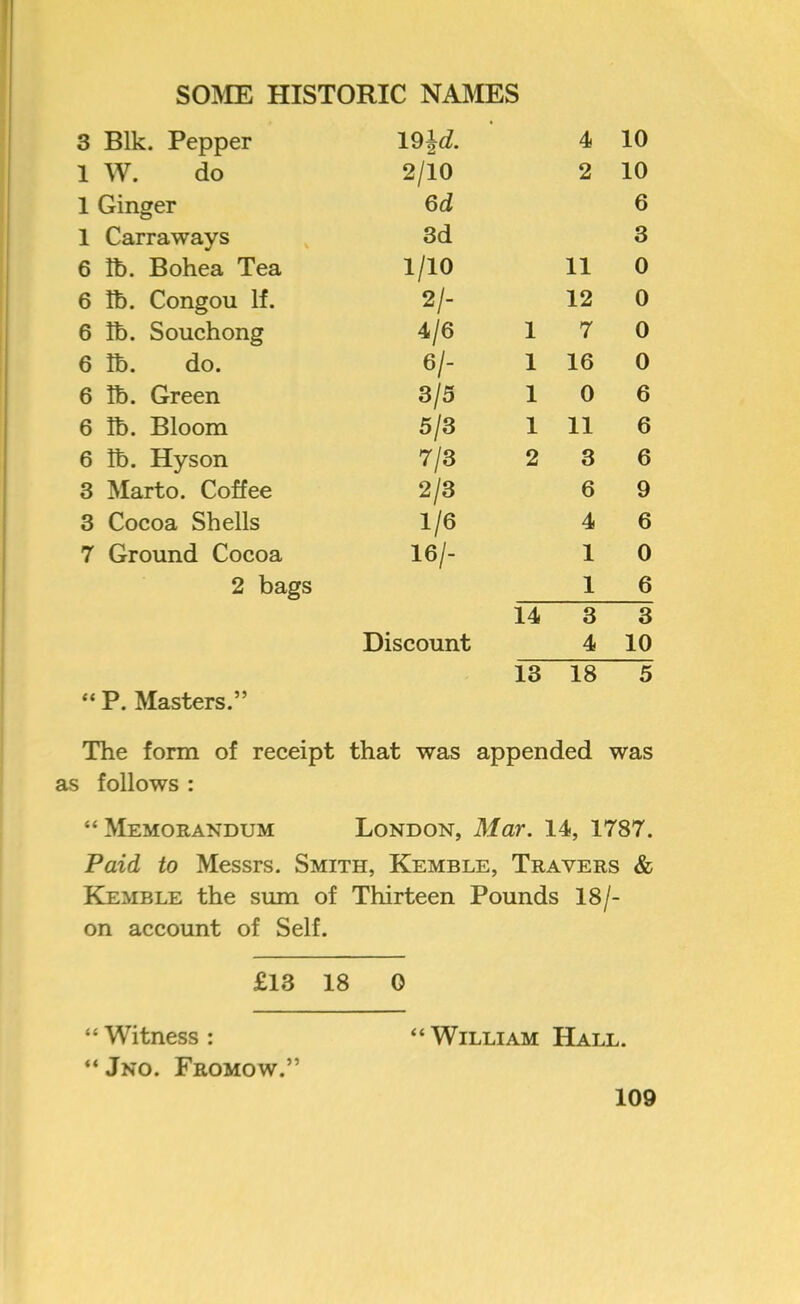 3 Blk. Pepper l^d. 4 10 1 W. do 2/10 2 10 1 Ginger 6d 6 1 Carraways 3d 3 6 lb. Bohea Tea 1/10 11 0 6 lb. Congou If. 2/- 12 0 6 lb. Souchong 4/6 1 7 0 6 lb. do. 6/- 1 16 0 6 lb. Green 3/5 1 0 6 6 lb. Bloom 5/3 1 11 6 6 lb. Hyson 7/3 2 3 6 3 Marto. Coffee 2/3 6 9 3 Cocoa Shells 1/6 4 6 7 Ground Cocoa 16/- 1 0 2 bags 1 6 14 3 3 Discount 4 10 13 18 5 “ P. Masters.” The form of receipt that was appended was as follows : “ Memorandum London, Mar. 14, 1787. Paid to Messrs. Smith, Kemble, Travers & Khmble the sum of Thirteen Pounds 18/- on account of Self. £13 18 0 “Witness: “William Hall. “ Jno. Fromow.”
