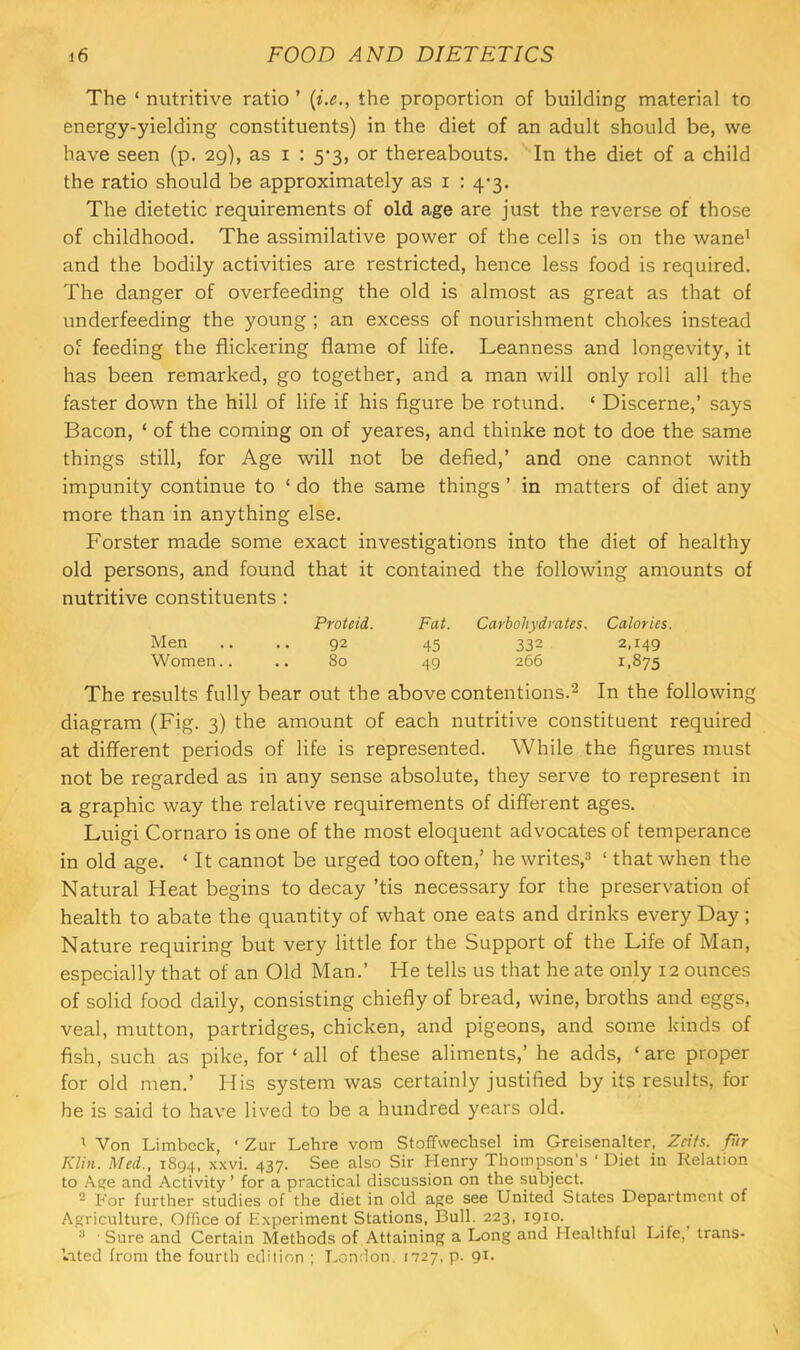 The ‘ nutritive ratio ’ {i.e., the proportion of building material to energy-yielding constituents) in the diet of an adult should be, we have seen (p. 29), as i : 5’3, or thereabouts. In the diet of a child the ratio should be approximately as i : 4-3. The dietetic requirements of old age are just the reverse of those of childhood. The assimilative power of the cells is on the wane' and the bodily activities are restricted, hence less food is required. The danger of overfeeding the old is almost as great as that of underfeeding the young ; an excess of nourishment chokes instead of feeding the flickering flame of life. Leanness and longevity, it has been remarked, go together, and a man will only roll all the faster down the hill of life if his figure be rotund. ‘ Discerne,’ says Bacon, ‘ of the coming on of yeares, and thinke not to doe the same things still, for Age will not be defied,’ and one cannot with impunity continue to ‘ do the same things ’ in matters of diet any more than in anything else. Forster made some exact investigations into the diet of healthy old persons, and found that it contained the following amounts of nutritive constituents : Pro (eld. Fat. Carbohydrates. Calories. Men • • 92 45 332 2.149 Women.. . . 80 49 266 1.875 The results fully hear out the above contentions.^ In the following diagram (Fig. 3) the amount of each nutritive constituent required at different periods of life is represented. While the figures must not be regarded as in any sense absolute, they serve to represent in a graphic way the relative requirements of different ages. Luigi Cornaro is one of the most eloquent advocates of temperance in old age. ‘ It cannot be urged too often,’ he writes, ‘ that when the Natural Heat begins to decay ’tis necessary for the preservation of health to abate the quantity of what one eats and drinks every Day ; Nature requiring but very little for the Support of the Life of Man, especially that of an Old Man.’ He tells us that he ate only 12 ounces of solid food daily, consisting chiefly of bread, wine, broths and eggs, veal, mutton, partridges, chicken, and pigeons, and some kinds of fish, such as pike, for ‘all of these aliments,’ he adds, ‘are proper for old men.’ His system was certainly justified by its results, for he is said to have lived to be a hundred years old. ' Von Limbeck, ‘ Zur Lehre vom Stoffwechsel im Greisenalter, Zrits. F‘r Klin. Med., 1894, xxvi. 437. See also Sir Henry Thompson’s ‘ Diet in Relation to Age and Activity ’ for a practical discussion on the subject. * For further studies of the diet in old age see United States Department of Agriculture, Office of Experiment Stations, Bull. 223, igro. ■ Sure and Certain Methods of Attaining a Long and Healthful Life, trans- lated from the fourth edition ; London. 1727, p. 91.