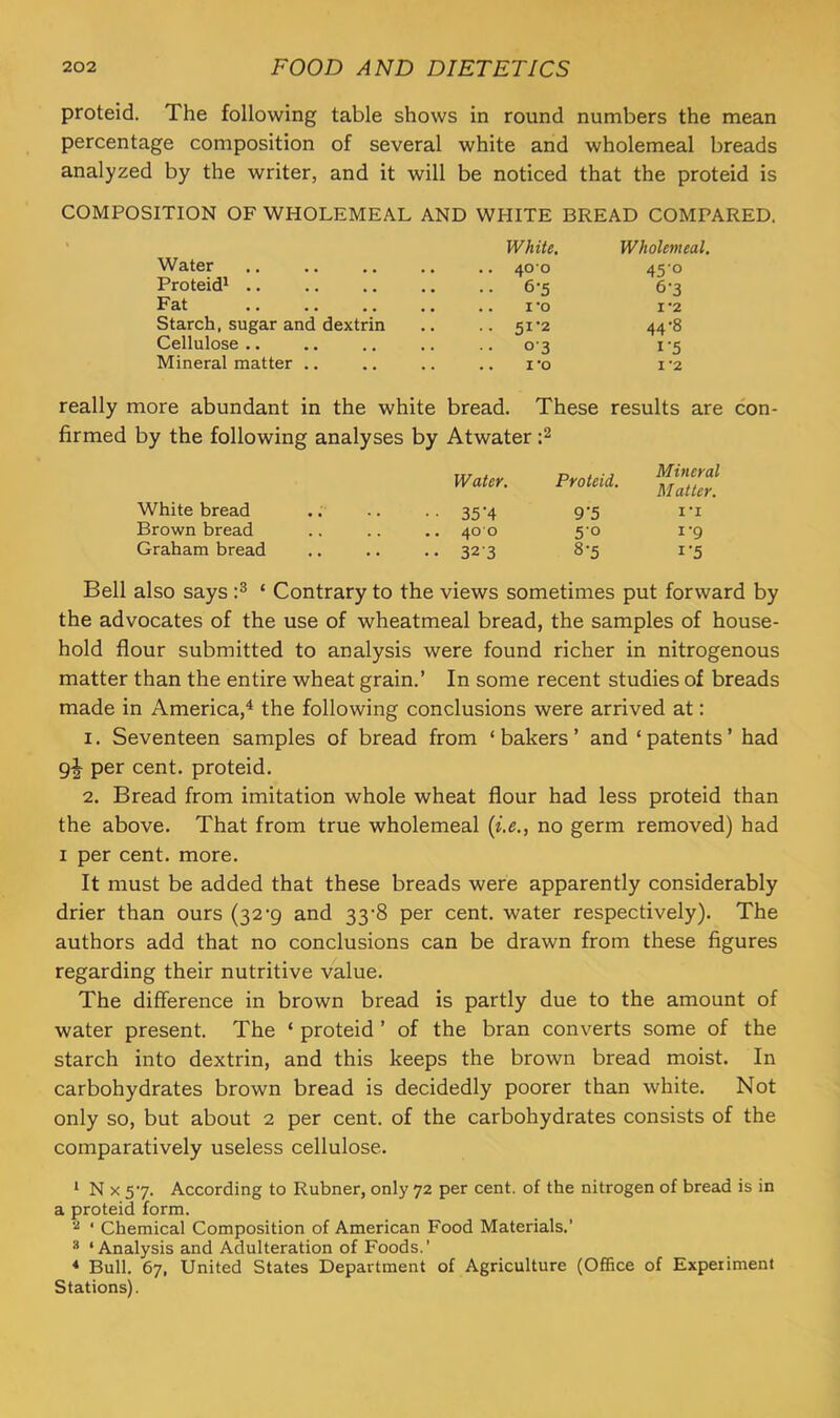 proteid. The following table shows in round numbers the mean percentage composition of several white and wholemeal breads analyzed by the writer, and it will be noticed that the proteid is COMPOSITION OF WHOLEMEAL AND WHITE BREAD COMPARED. White. Wholemeal, Water .. 40 0 45-0 Proteid^ .. 6-5 6-3 Fat . . I'O I 2 Starch, sugar and dextrin .. 51-2 44'8 Cellulose .. 03 I‘5 Mineral matter .. I'O I'2 really more abundant in the white bread. These results are con- firmed by the following analyses by Atwater Water. Proteid. Mineral M alter. White bread • • 35’4 9‘5 I'l Brown bread « « 400 5‘o I'9 Graham bread • • « .. 323 8-5 I’5 Bell also says‘ Contrary to the views sometimes put forward by the advocates of the use of wheatmeal bread, the samples of house- hold flour submitted to analysis were found richer in nitrogenous matter than the entire wheat grain.’ In some recent studies of breads made in America,^ the following conclusions were arrived at: 1. Seventeen samples of bread from ‘ bakers ’ and ‘ patents ’ had 9-| per cent, proteid. 2. Bread from imitation whole wheat flour had less proteid than the above. That from true wholemeal {i.e., no germ removed) had I per cent. more. It must be added that these breads were apparently considerably drier than ours (32-9 and 33-8 per cent, water respectively). The authors add that no conclusions can be drawn from these figures regarding their nutritive value. The difference in brown bread is partly due to the amount of water present. The ‘ proteid ’ of the bran converts some of the starch into dextrin, and this keeps the brown bread moist. In carbohydrates brown bread is decidedly poorer than white. Not only so, but about 2 per cent, of the carbohydrates consists of the comparatively useless cellulose. ^ N X 57. According to Rubner, only 72 per cent, of the nitrogen of bread is in a proteid form. ' Chemical Composition of American Food Materials.’ * ‘Analysis and Adulteration of Foods.’ * Bull. 67, United States Department of Agriculture (Office of Experiment Stations).