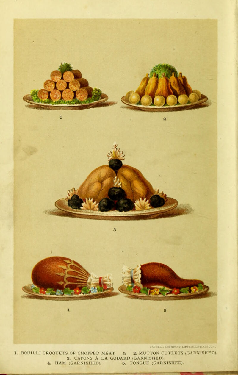 4 5 CASSELL A COMPANY MMITED.MTM. '.OMDON . 1. BOUILLI CROQUETS OF CHOPPED MEAT & 2. MUTTON CUTLETS (GARNISHED). 3. CAPONS X LA GODARD (GARNISHED). 4. HAM (GARNISHED). 5. TONGUE (GARNISHED).