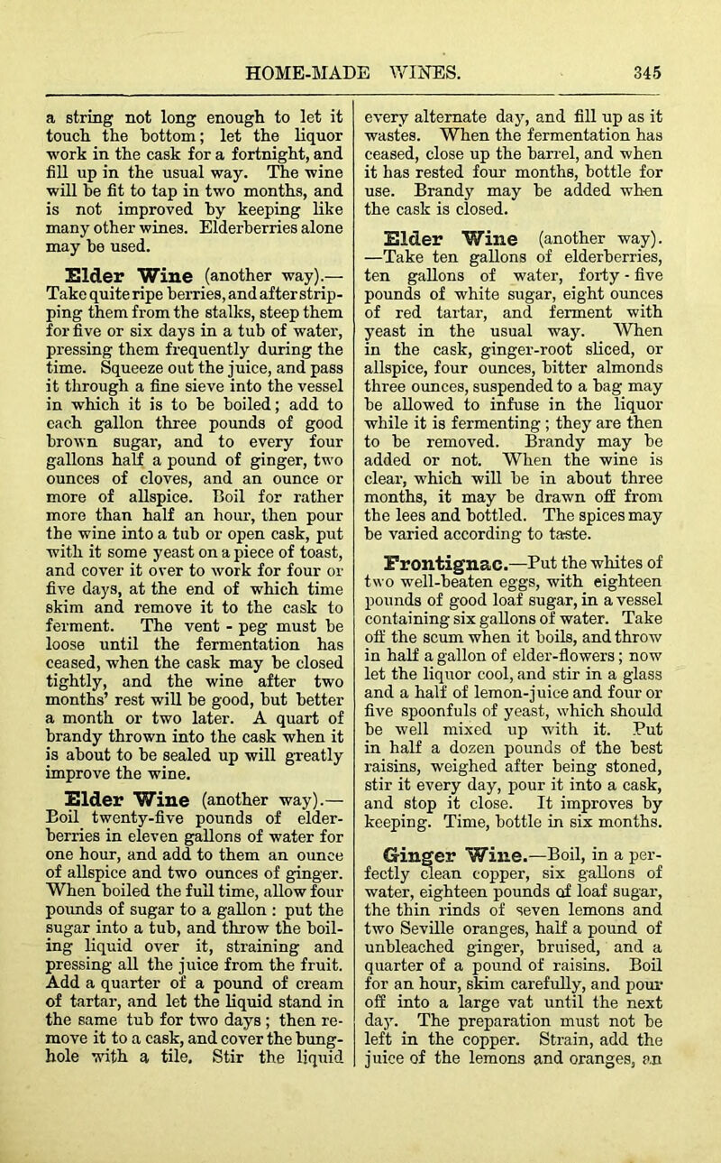 a string not long enough to let it touch the bottom; let the liquor work in the cask for a fortnight, and fill up in the usual way. The wine will be fit to tap in two months, and is not improved by keeping like many other wines. Elderberries alone may be used. Elder Wine (another way).— Take quite ripe berries, and after strip- ping them from the stalks, steep them for five or six days in a tub of water, pressing them frequently during the time. Squeeze out the juice, and pass it through a fine sieve into the vessel in which it is to be boiled; add to each gallon three pounds of good brown sugar, and to every four gallons half a pound of ginger, two ounces of cloves, and an ounce or more of allspice. Boil for rather more than half an hour, then pour the wine into a tub or open cask, put with it some yeast on a piece of toast, and cover it over to work for four or five days, at the end of which time skim and remove it to the cask to ferment. The vent - peg must be loose until the fermentation has ceased, when the cask may be closed tightly, and the wine after two months’ rest will be good, but better a month or two later. A quart of brandy thrown into the cask when it is about to be sealed up will greatly improve the wine. Elder Wine (another way).— Boil twenty-five pounds of elder- berries in eleven gallons of water for one hour, and add to them an ounce of allspice and two ounces of ginger. When boiled the full time, allow four pounds of sugar to a gallon : put the sugar into a tub, and throw the boil- ing liquid over it, straining and pressing all the juice from the fruit. Add a quarter of a pound of cream of tartar, and let the liquid stand in the same tub for two days; then re- move it to a cask, and cover the bung- hole with a tile. Stir the liquid every alternate day, and fill up as it wastes. When the fermentation has ceased, close up the barrel, and when it has rested four months, bottle for use. Brandy may be added when the cask is closed. Elder Wine (another way). —Take ten gallons of elderberries, ten gallons of water, forty - five pounds of white sugar, eight ounces of red tartar, and ferment with yeast in the usual way. When in the cask, ginger-root sliced, or allspice, four ounces, bitter almonds three ounces, suspended to a bag may be allowed to infuse in the liquor while it is fermenting ; they are then to be removed. Brandy may be added or not. When the wine is clear, which will be in about three months, it may be drawn off from the lees and bottled. The spices may be varied according to taste. Frontignac.—Put the whites of two well-beaten eggs, with eighteen pounds of good loaf sugar, in a vessel containing six gallons of water. Take off the scum when it boils, and throw in half a gallon of elder-flowers; now let the liquor cool, and stir in a glass and a half of lemon-j uice and four or five spoonfuls of yeast, which should be well mixed up with it. Put in half a dozen pounds of the best raisins, weighed after being stoned, stir it every day, pour it into a cask, and stop it close. It improves by keeping. Time, bottle in six months. Ginger Wine.—Boil, in a per- fectly clean copper, six gallons of water, eighteen pounds of loaf sugar, the thin rinds of seven lemons and two Seville oranges, half a pound of unbleached ginger, bruised, and a quarter of a pound of raisins. Boil for an hour, skim carefully, and pour off into a large vat until the next da}r. The preparation must not be left in the copper. Strain, add the juice of the lemons and oranges, an