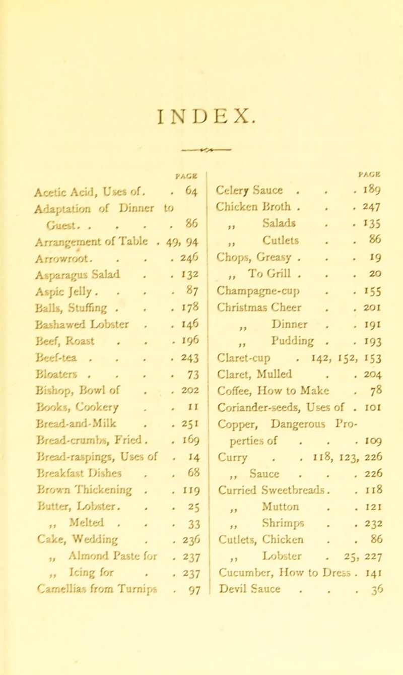 INDEX. PAGE 1 PAGE Acetic Aci'l, Uses of. . 64 Celery Sauce . • 189 Adaptation of Dinner to Chicken Broth . • 247 Guest. . . 86 „ Salads • 135 Arrangement of Table . 49. 94 „ Cutlets • 86 Arrowroot. . 246 Chops, Greasy . • 19 Asparagus Salad - 132 ,, To Grill . • 20 Aspic Jelly. - 87 Champagne-cup • 155 Balls, Stuffing . . 178 Christmas Cheer • 201 Bashawed Lobster . 146 ,, Dinner • 191 Beef, Roast . 196 ,, Pudding . . 193 Beef-tea . • 243 Claret-cup . 142, 152. 153 Bloaters . • 73 Claret, Mulled • 204 Bishop, Bowl of . 202 Coffee, How to Make • 78 Books, Cookery . 11 Coriander-seeds, Uses of . IOI Bread-and-Milk • 251 Copper, Dangerous Pro- Bread-crumbs, Fried. . 169 perties of • 109 Bread-raspings, Uses of . 14 Curry . .118, 123, 226 Breakfast Dishes . 68 ,, Sauce • 226 Brown Thickening . • U9 Curried Sweetbreads. . 118 Butter, Lobster. . 25 ,, Mutton • 121 ,, Melted . • 33 ,, Shrimps • 232 Cake, Wedding . 236 Cutlets, Chicken • 86 „ Alrnond Paste for - 237 ,, Lobster 25. 227 ,, Icing for • 237 1 Cucumber, IIow to Dress . 141 Camellias from Turnips • 97 Devil Sauce • 36
