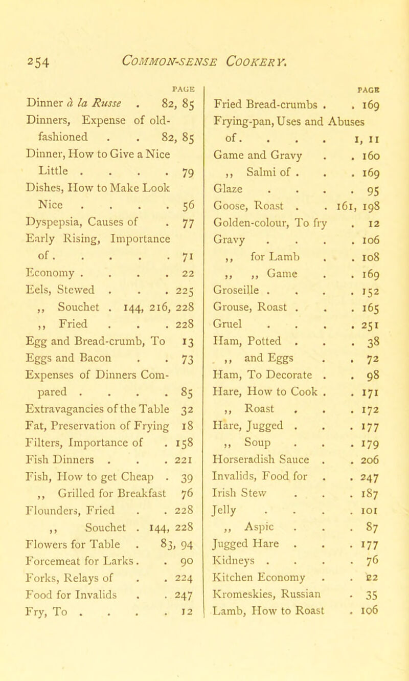 PAGE Dinner ft. la Russe . 82, 85 Dinners, Expense of old- fashioned . . 82, 85 Dinner, How to Give a Nice Little .... 79 Dishes, How to Make Look Nice . . . . 56 Dyspepsia, Causes of 77 Early Rising, Importance of 7i Economy .... 22 Eels, Stewed . 225 ,, Souchet . 144, 216, 228 ,, Fried 228 Egg and Bread-crumb, To 13 Eggs and Bacon 73 Expenses of Dinners Com- pared .... 85 Extravagancies of the Table 32 Fat, Preservation of Frying 18 Filters, Importance of 1S8 Fish Dinners 221 Fish, How to get Cheap . 39 ,, Grilled for Breakfast 76 Flounders, Fried 228 ,, Souchet . 144, 228 Flowers for Table . 83, 94 Forcemeat for Larks. 90 Forks, Relays of 224 Food for Invalids 247 Fry, To . 12 PAGE Fried Bread-crumbs . ,169 Frying-pan, Uses and Abuses of. I, 11 Game and Gravy . 160 ,, Salmi of . . 169 Glaze • 95 Goose, Roast . 161, 198 Golden-colour, To fry . 12 Gravy . 106 ,, for Lamb . 108 ,, ,, Game . 169 Groseille . • 152 Grouse, Roast . . 165 Gruel • 251 Ham, Potted . • 38 ,, and Eggs • 72 Ham, To Decorate . . 98 Hare, How to Cook . . 171 ,, Roast . 172 Hare, Jugged . • 177 ,, Soup . 179 Horseradish Sauce . . 206 Invalids, Food for ■ 247 Irish Stew . 187 Jelly . IOI ,, Aspic . 87 Jugged Hare • 177 Kidneys . • 76 Kitchen Economy . 22 Kromeskies, Russian • 35 Lamb, How to Roast . 106