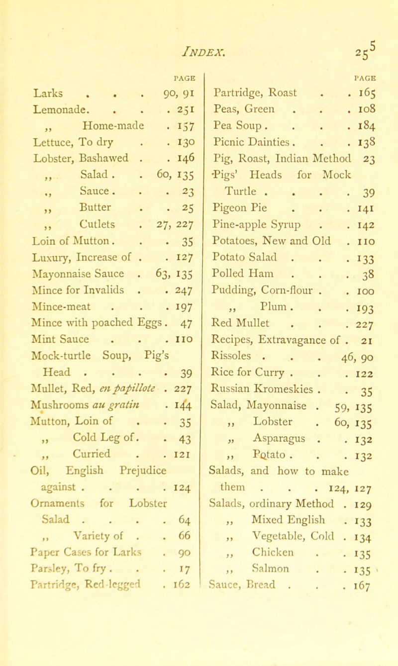 TAGE Larks 90, 91 Lemonade. . 231 ,, Home-made • 137 Lettuce, To dry • I3° Lobster, Bashawed . . 146 ,, Salad. 60, 135 ,, Sauce. • 23 ,, Butter • 25 ,, Cutlets 27, 227 Loin of Mutton. • 35 Luxury, Increase of . . 127 Mayonnaise Sauce 63, 135 Mince for Invalids . 247 Mince-meat • 197 Mince with poached Eggs . 47 Mint Sauce . no Mock-turtle Soup, Pig’s Head . • • • 39 Mullet, Red, enpapillote . 227 Mushrooms au gratin . 144 Mutton, Loin of . -35 „ Cold Leg of. . 43 ,, Curried . . 121 Oil, English Prejudice against . . . .124 Ornaments for Lobster Salad . . . .64 ,, Variety of . .66 Paper Cases for Larks . go Parsley, To fry . . . 17 Partridge, Red-legged . 162 PAGE Partridge, Roast . .165 Peas, Green . . .108 Pea Soup. . . .184 Picnic Dainties. . .138 Pig, Roast, Indian Method 23 •Pigs’ Heads for Mock Turtle . 39 Pigeon Pie 141 Pine-apple Syrup 142 Potatoes, New and Old IIO Potato Salad 133 Polled Ham 38 Pudding, Corn-flour . IOO ,, Plum. 193 Red Mullet 227 Recipes, Extravagance of . 21 Rissoles ... 46 ’> 90 Rice for Curry . 122 Russian Kromeskies . 35 Salad, Mayonnaise . 59, 135 ,, Lobster . 60, 135 „ Asparagus . 132 ,, Potato . 132 Salads, and how to make them . . .124, 127 Salads, ordinary Method . 129 ,, Mixed English 133 ,, Vegetable, Cold . 134 ,, Chicken 135 ,, Salmon 135 Sauce, Bread . 167