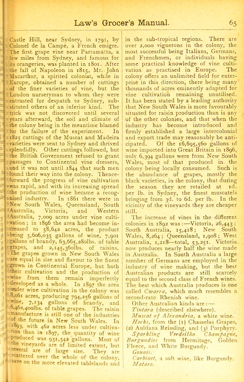 Castle Hill, near Sydney, in 1791, by Colonel de la Campe, a French emigre. The first grape vine near Parramatta, a few miles from Sydney, and famous for its orangeries, was planted in 1801. After the fall of Napoleon in 1815, Mr. John Macarthur, a spirited colonist, while in Europe, obtained a number of cuttings of the finer varieties of vine, but the London nurseryman to whom they were 1 entrusted for despatch to Sydney, sub- stituted others of an inferior kind. The trick was not discovered until several * years afterward, the soil and climate of the colony being in the meantime blamed f for the failure of the experiment. In : 1825 cuttings of the Muscat and Madeira varieties were sent to Sydney and thrived splendidly. Other cuttings followed, but the British Government refused to grant ■passages to Continental vine dressers, and it was not until 1844 that such men found their way into the colony. Thence- forward the progress of vine cultivation -was rapid, and with its increasing spread the production of wine became a recog- '.nised industry. In 1861 there were in 'New South Wales, Queensland, South 'Australia, Victoria, and Western 'Australia, 7,009 acres under vine culti- vation ; in 1896 the area had become in- creased to 58,642 acres, the product being 5,606,035 gallons of wine, 7,901 gallons of brandy, 63,665,280^5. of table grapes, and 2,145,3601133. of raisins, rhe grapes grown in New South Wales are equal in size and flavour to the finest grown in Continental Europe, but both their cultivation and the production of wine from them remain imperfectly developed as a whole. In 1897 the area under wine cultivation in the colony was 8,o6r acres, producing 794,256 gallons of wine, 7,134 gallons of brandy, and I 6,462,4oolbs. of table grapes. The raisin 1 manufacture is still one of the industries I of the future in New South Wales. In 1 *893, with 462 acres less under cultiva- I fl0n than in 1897, the quantity of wine « produced was 931,542 gallons. Most of the vineyards are of limited extent, but 1 several are of large size. They are I scattered over the whole of the colony, save on the more elevated tablelands and in the sub-tropical regions. There are over 2,000 vignerons in the colony, the most successful being Italians, Germans, and Frenchmen, or individuals having some practical knowledge of vine culti- vation as practised in Europe. The colony offers an unlimited field for enter- prise in this direction, there being many thousands of acres eminently adapted for vine cultivation remaining unutilised. It has been stated by a leading authority that New South Wales is more favourably situated for raisin production than is any of the other colonies, and that when the industry has become introduced and firmly established a large intercolonial and export trade may reasonably be anti- cipated. Of the 16,695,560 gallons of wine imported into Great Britain in 1896, only 6,394 gallons were from New South Wales, most of that produced in the colony being locally consumed. Such is the abundance of grapes, mostly the black varieties, in the colony, that during the season they are retailed at id. per lb. in Sydney, the finest muscatels bringing from 3d. to 6d. per lb. In the vicinity of the vineyards they are cheaper still. The increase of vines in the different colonies in 1892 was :—Victoria, 26,443 ’ South Australia, 15,418; New South Wales, 8,264; Queensland, 1,908; West Australia, 1,218—-total, 53,251. Victoria now produces nearly half the wine made in Australia. In South Australia a large number of Germans are employed in the industry of wine making, but the best Australian products are still scarcely equal to the second class of French wines. The best which Australia produces is one called Cwarra, which much resembles a second-rate Rhenish wine. Other Australian kinds are : — Tintara (described elsewhere). Muscat of Alexandria, a white wine. Hocks, from the (1) Chasselas Grapes, (2) Auldana Reissling, and (3) Porphyrv. S parklitig Verde.il/io Champagne, Burgundies from Hermitage, Golden Fleece, and White Burgundy. Gouais. Carbinet, a soft wine, like Burgundy. M a taro.