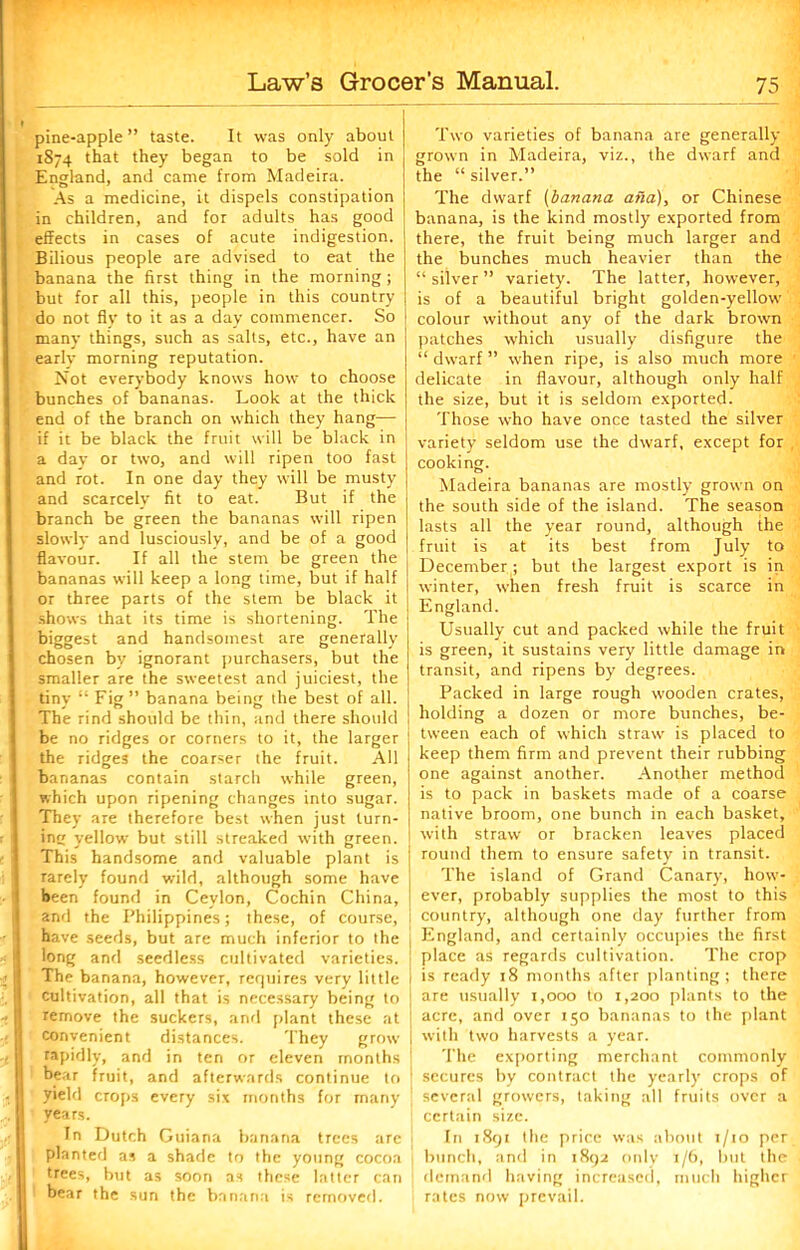 pine-apple ” taste. It was only about 1874 that they began to be sold in England, and came from Madeira. As a medicine, it dispels constipation in children, and for adults has good effects in cases of acute indigestion. Bilious people are advised to eat the banana the first thing in the morning ; but for all this, people in this country do not fly to it as a day commencer. So many things, such as salts, etc., have an early morning reputation. Not everybody knows how to choose bunches of bananas. Look at the thick end of the branch on which they hang—• if it be black the fruit will be black in a day or two, and will ripen too fast and rot. In one day they will be musty and scarcely fit to eat. But if the branch be green the bananas will ripen slowly and lusciously, and be of a good flavour. If all the stem be green the bananas will keep a long time, but if half or three parts of the stem be black it shows that its time is shortening. The biggest and handsomest are generally chosen by ignorant purchasers, but the smaller are the sweetest and juiciest, the tiny 11 Fig ” banana being the best of all. The rind should be thin, and there should be no ridges or corners to it, the larger the ridges the coarser the fruit. All bananas contain starch while green, which upon ripening changes into sugar. They are therefore best when just turn- ing yellow but still streaked with green. This handsome and valuable plant is rarely found wild, although some have been found in Ceylon, Cochin China, and the Philippines; these, of course, have seeds, but are much inferior to the long and seedless cultivated varieties. The banana, however, rcrpiires very little cultivation, all that is necessary being to remove the suckers, and plant these at convenient distances. They grow rapidly, and in ten or eleven months j bear fruit, and afterwards continue to ! yield crops every six months for many years. In Dutch Guiana banana trees are planted as a shade to the young cocoa trees, but as soon as these latter can bear the sun the banana is removed. Two varieties of banana are generally grown in Madeira, viz., the dwarf and the “ silver.” The dwarf (banana afia), or Chinese banana, is the kind mostly exported from there, the fruit being much larger and the bunches much heavier than the “ silver ” variety. The latter, however, is of a beautiful bright golden-yellow' colour without any of the dark brown patches which usually disfigure the “ dwarf ” when ripe, is also much more delicate in flavour, although only half the size, but it is seldom exported. Those who have once tasted the silver variety seldom use the dwarf, except for cooking. Madeira bananas are mostly grow'n on the south side of the island. The season lasts all the year round, although the fruit is at its best from July to December; but the largest export is in winter, when fresh fruit is scarce in England. Usually cut and packed while the fruit is green, it sustains very little damage in transit, and ripens by degrees. Packed in large rough wooden crates, holding a dozen or more bunches, be- tween each of which straw is placed to keep them firm and prevent their rubbing one against another. Another method is to pack in baskets made of a coarse native broom, one bunch in each basket, with straw or bracken leaves placed round them to ensure safety in transit. The island of Grand Canary, howr- ever, probably supplies the most to this country, although one day further from England, and certainly occupies the first place as regards cultivation. The crop is ready 18 months after planting; there are usually 1,000 to 1,200 plants to the acre, and over 150 bananas to the plant with two harvests a year. The exporting merchant commonly secures by contract the yearly crops of several growers, taking all fruits over a certain size. In 1891 the price was about 1/10 per bunch, and in 1892 only 1/6, but the demand having increased, much higher rates now prevail.