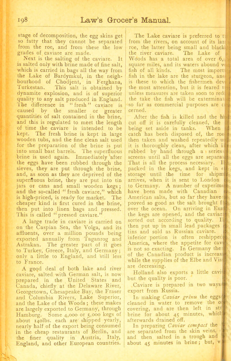 stage of decomposition, the egg skins get so fatty that they cannot be separated from the roe, and from these the low grades of caviare are made. Next is the salting of the caviare. It is salted only with brine made of line salt, which is carried in bags all the way from the Lake of Bardymkul, in the neigh- bourhood of Chodjent, in Ferghana, Turkestan. This salt is obtained by dynamite explosion, and is of superior quality to any salt produced in England. The difference in “ fresh ” caviare is caused by the smaller or greater quantities of salt contained in the brine, and this is regulated to meet the length of time the caviare is intended to be kept. The fresh brine is kept in large wooden tubs, and the fine clean salt used for the preparation of the brine is put into small bast barrels. The superfluous brine is used again. Immediately after the eggs have been rubbed through the sieves, they are put through the brine, and, as soon as they are deprived of the superfluous brine, they are put into tin jars or cans and small wooden kegs; and the so-called “ fresh caviare,” which is high-priced, is ready for market. The cheaper kind is first cured in the brine, then put into linen bags and pressed. This is called “pressed caviare.” A large trade in caviare is carried on on the Caspian Sea, the Volga, and its affluents, over a million pounds being exported annually from Taganrog and Astrakan. The greater part of it goes to Turkey, Greece, Italy, and Germany; only a little to England, and still less to France. A good deal of both lake and river caviare, salted with German salt, is now prepared in the United States and Canada, chiefly at the Delaware River, Georgetown, Chesapeake Bay, the Fraser and Columbia Rivers, Lake Superior, and the Lake of the Woods ; these makes are largely exported to Germany, through Hamburg. Some 4,000 or 5,000 kegs of about t4olbs. each are shipped yearly, nearly half of the export being consumed in the cheap restaurants of Berlin, and the finer quality in Austria, Italy, England, and other European countries. The Lake caviare is preferred to t from the rivers, on account of its lar roe, the latter being small and black the river caviare. The Lake of Woods has a total area of over 6, square miles, and its waters abound v fish of all kinds. The most import fish in the lake are the sturgeon, anc is these to which the fishermen dev the most attention, but it is feared t unless measures are taken soon to red the take the fish will be exterminate so far as commercial purposes are c cerned. After the fish is killed and the h;| cut off it is carefully cleaned, the being set aside in tanks. When catch has been disposed of, the rot I then taken and washed repeatedly uj it is thoroughly clean, after which i | rubbed by hand through a series- screens until all the eggs are separa That is all the process necessary. 1| packed in the kegs, and kept in 11 storage until the time for shiprrl arrives, when it is sent to London to Germany. A number of experimil have been made with Canadian American salts, but so far they have proved so good as the salt brought f I over the ocean. On arriving in Euil the kegs are opened, and the caviar j sorted out according to quality. I f then put up in small lead packages tins and sold as Russian caviare, inferior portion is often reshippecl America, where the appetite for cavl is not so exacting. In Germany the f of the Canadian product is increasl while the supplies of the Elbe and Vis | I are decreasing. Holland also exports a little cavi| but the quality is poor, i Caviare is prepared in two ways! export from Russia. In making Caviar grctiu the eggs I cleaned in water to remove the ol ■ covering, and are then left in stiT brine for about 45 minutes, whicljj afterwards drained off. In preparing Caviar compact the are separated from the skin veins, and then salted in a trough and about 45 minutes in brine; but, vJ