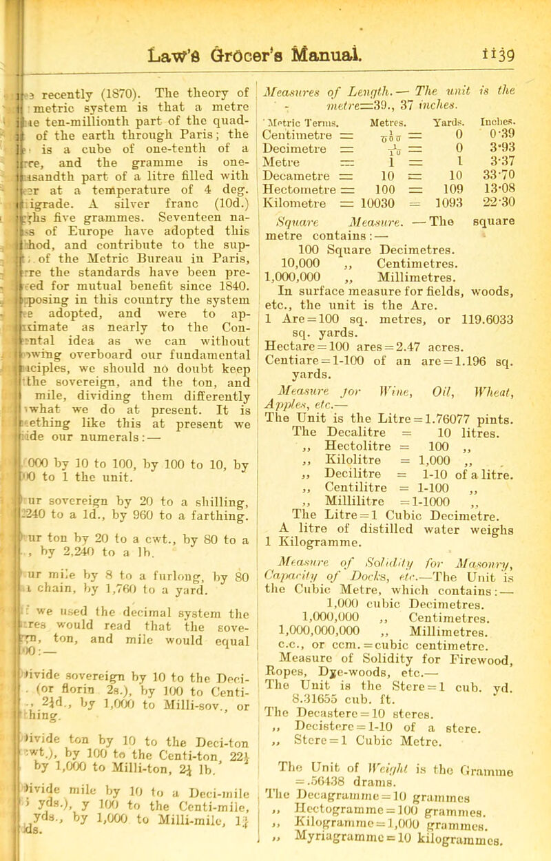 —s—-—*— :—■—-  jU recently (1870). The theory of \ metric system is that a metre i ie ten-millionth part of the quad- i of the earth through Paris; the ;■»• is a cube of one-tenth of a ! rre, and the gramme is one- 1 usandth part of a litre filled with eer at a temperature of 4 deg. i; igxade. A silver franc (lOd.) i :'lis five grammes. Seventeen na- »>s of Europe have adopted this ilhod, and contribute to the sup- 11; of the Metric Bureau iu Paris, ■rre the standards have been pre- I ed for mutual benefit since 1840. | reposing in this country the system ve adopted, and were to ap- \ nimate as nearly to the Con- i :ntal idea as we can without i owing overboard our fundamental I 3'iciples, we should no doubt keep •the sovereign, and the ton, and ; mile, dividing them differently :! •what we do at present. It is I ething like this at present we I idde our numerals: — II 000 by 10 to 100, by 100 to 10, by '<0 to 1 the unit. I 1 ur sovereign by 20 to a shilling, i 2240 to a Id., by 960 to a farthing. I bur ton by 20 to a cwt., by 80 to a 1|- , by 2,240 to a lb. ] 1 ur mile by 8 to a furlong, by 80 | i chain, by 1,760 to a yard. I : we used the decimal system the | res would read that the sove- ■Tn> ton, and mile would equal J00: — i dvide sovereign by 10 to the Doei- . (or florin 2s.), by 100 to Centi- 2^d., by 1,000 to Milli-sov or 1 - hing. Jivide ton by 10 to the Deci-ton -wt.;, by 100 to the Centi-ton 224 by 1,000 to Milli-ton, 2$ lb. ’ Jivide mile by 10 to a Deci-mile | > yos.), y 100 to the Ccnti-mile, yds., by 1,000 to Milli-mile, 11 i ids. Measures of Length. — The unit is the metre—39., 37 inches. ' Metric Terms. Metres. Yards. Inches. Centimetre = U o u — 0 0-39 Decimetre ™ T o 0 3*93 Metre — 1 3-37 Decametre == 10 — 10 33-70 Hectometre = 100 - 109 13-08 Kilometre = 10030 = 1093 22-30 Square Measure. — The square metre contains: — 100 Square Decimetres. 10,000 ,, Centimetres. 1,000,000 „ Millimetres. In surface measure for fields, woods, etc., the unit is the Are. 1 Are = 100 sq. metres, or 119.6033 sq. yards. Hectare = 100 ares = 2.47 acres. Centiare = 1-100 of an are = 1.196 sq. yards. Measure Jor Wine, Oil, Wheat, Apples, etc.— The Unit is the Litre = 1.76077 pints. The Decalitre = 10 litres. ,, Hectolitre = 100 ,, ,, Kilolitre = 1,000 „ ,, Decilitre = 1-10 of a litre. „ Centilitre = 1-100 „ „ Millilitre =1-1000 ,, The Litre = 1 Cubic Decimetre. A litre of distilled water weighs 1 Kilogramme. Measure of Solidity for Masonry, Capacity of Docks, fir.—The Unit is the Cubic Metre, which contains: — 1,000 cubic Decimetres. 1,000,000 ,, Centimetres. 1,000,000,000 „ Millimetres, c.c., or ccm.=c,ubic centimetre. Measure of Solidity for Firewood, Ropes, Dje-woods, etc.— The Unit is the Stere = l cub. yd. 8.31655 cub. ft. The Deeastere = 10 steres. „ Decistere = 1-10 of a stere. ,, Stere = 1 Cubic Metre. The Unit of II eight is the Gramme = .56438 drams. The Decagramme = 10 grammes „ Hectogramme = 100 grammes. „ Kilogramme = 1,000 grammes. „ Myriagrammc = 10 kilogrammes.