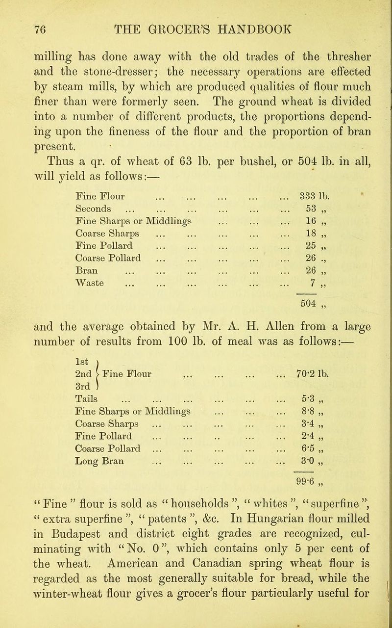 milling has done away with the old trades of the thresher and the stone-dresser; the necessary operations are effected by steam mills, by which are produced qualities of flour much finer than were formerly seen. The ground wheat is divided into a number of different products, the proportions depend- ing upon the fineness of the flour and the proportion of bran present. Thus a qr. of wheat of 63 lb. per bushel, or 504 lb. in all, will yield as follows:— Fine Flour Seconds Fine Sharps or Middlings Coarse Sharps Fine Pollard Coarse Pollard Bran Waste 333 lb. 53 „ 16 „ 18 „ 25 „ 26 ., 26 „ 7 „ 504 „ and the average obtained by Mr. A. H. Allen from a number of results from 100 lb. of meal was as follows: 1st \ 2nd > Fine Flour 70’2 lb. 3rd ) Tails ... 6-3 „ Fine Sharps or Middlings 8-8 „ Coarse Sharps 3-4 „ Fine Pollard 2-4 „ Coarse Pollard 6-5 „ Long Bran 3-0 „ 99-6 „ “ Fine ” flour is sold as “ households ”, “ whites ”, “superfine ”, “ extra superfine ”, “ patents ”, &c. In Hungarian flour milled in Budapest and district eight grades are recognized, cul- minating with “No. 0”, which contains only 5 per cent of the wheat. American and Canadian spring wheat flour is regarded as the most generally suitable for bread, while the winter-wheat flour gives a grocer’s flour particularly useful for