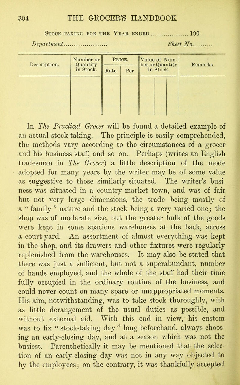 Stock-taking for the Year ended 190 Department Sheet No.... Department Sheet No. Description. Number or Quantity in stock. Price. Value of Num- ber or Quantity in Stock. Remarks. Rate. Per In The Practical Grocer will be found a detailed example of an actual stock-taking. The principle is easily comprehended, the methods vary according to the circumstances of a grocer and his business staff, and so on. Perhaps (writes an English tradesman in The Grocer) a little description of the mode adopted for many years by the writer may be of some value as suggestive to those similarly situated. The writer’s busi- ness was situated in a country market town, and was of fair but not very large dimensions, the trade being mostly of a “ family ” nature and the stock being a very varied one; the shop was of moderate size, but the greater bulk of the goods were kept in some spacious warehouses at the back, across a court-yard. An assortment of almost everything was kept in the shop, and its drawers and other fixtures were regularly replenished from the warehouses. It may also be stated that there was just a sufficient, but not a superabundant, number of hands employed, and the whole of the staff had their time fully occupied in the ordinary routine of the business, and could never count on many spare or unappropriated moments. His aim, notwithstanding, was to take stock thoroughly, with as little derangement of the usual duties as possible, and without external aid. With this end in view, his custom was to fix “ stock-taking day ” long beforehand, always choos- ing an early-closing day, and at a season which was not the busiest. Parenthetically it may be mentioned that the selec- tion of an early-closing day was not in any way objected to by the employees; on the contrary, it was thankfully accepted