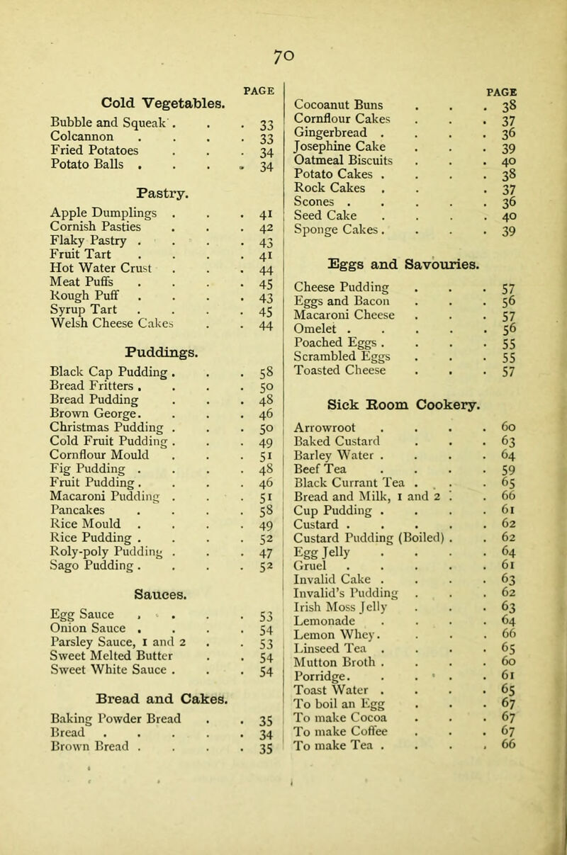 PAGE Cold Vegetables. Bubble and Squeak’. . . 33 Colcannon 33 Fried Potatoes 34 Potato Balls . • 34 Pastry. Apple Dumplings . 4i Cornish Pasties 42 Flaky Pastry . 43 Fruit Tart 41 Hot Water Crust 44 Meat Puffs 45 Rough Puff 43 Syrup Tart 45 Welsh Cheese Cakes 44 Puddings. Black Cap Pudding . 58 Bread Fritters . 5° Bread Pudding 48 Brown George. 46 Christmas Pudding . 50 Cold Fruit Pudding . 49 Cornflour Mould 51 Fig Pudding . 48 Fruit Pudding. 46 Macaroni Pudding . 51 Pancakes 58 Rice Mould 49 Rice Pudding . 52 Roly-poly Pudding . 47 Sago Pudding . S2 Sauces. Egg Sauce , 53 Onion Sauce . 54 Parsley Sauce, 1 and 2 53 Sweet Melted Butter 54 Sweet White Sauce . 54 Bread and Cakes. Baking Powder Bread 35 Bread • 34 Brown Bread . 35 PAGE Cocoanut Buns Cornflour Cakes Gingerbread . Josephine Cake Oatmeal Biscuits Potato Cakes . Rock Cakes Scones . Seed Cake Sponge Cakes. Eggs and Savouries. Cheese Pudding . . -57 Eggs and Bacon . . . 56 Macaroni Cheese . . *57 Omelet . . . . -56 Poached Eggs . . . . 55 Scrambled Eggs . . -55 Toasted Cheese . . -57 Sick Room Cookery. Arrowroot . . . .60 Baked Custard . . -63 Barley Water . . . .64 Beef Tea . . . -59 Black Currant Tea ... . 65 Bread and Milk, 1 and 2 '. .66 Cup Pudding . . . .61 Custard . . . . .62 Custard Pudding (Boiled) . . 62 Egg Jelly • • • -64 1 Gruel . . . . .61 Invalid Cake . . . -63 Invalid’s Pudding . . .62 Irish Moss Jelly . . -63 Lemonade . . . .64 Lemon Whey. ... 66 Linseed Tea . . . . 65 Mutton Broth . . . .60 Porridge. . . ’ . .61 Toast Water . . . >65 To boil an Egg . . -67 To make Cocoa . . . 67 To make Coffee . . .67 To make Tea . . . ,66 37 36 39 40 38 37 36 40