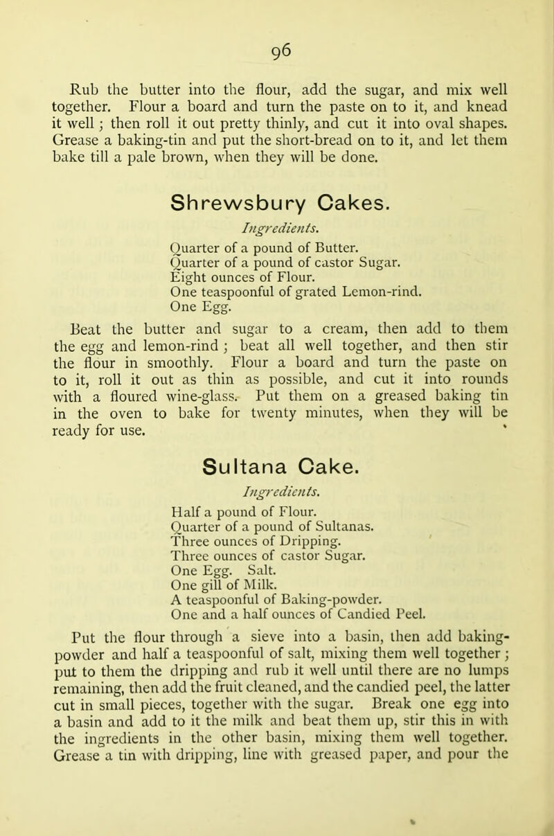 Rub the butter into the flour, add the sugar, and mix well together. Flour a board and turn the paste on to it, and knead it well; then roll it out pretty thinly, and cut it into oval shapes. Grease a baking-tin and put the short-bread on to it, and let them bake till a pale brown, when they will be done. Shrewsbury Cakes. Ingredients. Quarter of a pound of Butter. Quarter of a pound of castor Sugar. Eight ounces of Flour. One teaspoonful of grated Lemon-rind. One Egg. Beat the butter and sugar to a cream, then add to them the egg and lemon-rind ; beat all well together, and then stir the flour in smoothly. Flour a board and turn the paste on to it, roll it out as thin as possible, and cut it into rounds with a floured wine-glass.- Put them on a greased baking tin in the oven to bake for twenty minutes, when they will be ready for use. Sultana Cake. Ingredients. Half a pound of Flour. Quarter of a pound of Sultanas. Three ounces of Dripping. Three ounces of castor Sugar. One Egg. Salt. One gill of Milk. A teaspoonful of Baking-powder. One and a half ounces of Candied Peel. Put the flour through a sieve into a basin, then add baking- powder and half a teaspoonful of salt, mixing them well together ; put to them the dripping and rub it well until there are no lumps remaining, then add the fruit cleaned, and the candied peel, the latter cut in small pieces, together with the sugar. Break one egg into a basin and add to it the milk and beat them up, stir this in with the ingredients in the other basin, mixing them well together. Grease a tin with dripping, line with greased paper, and pour the