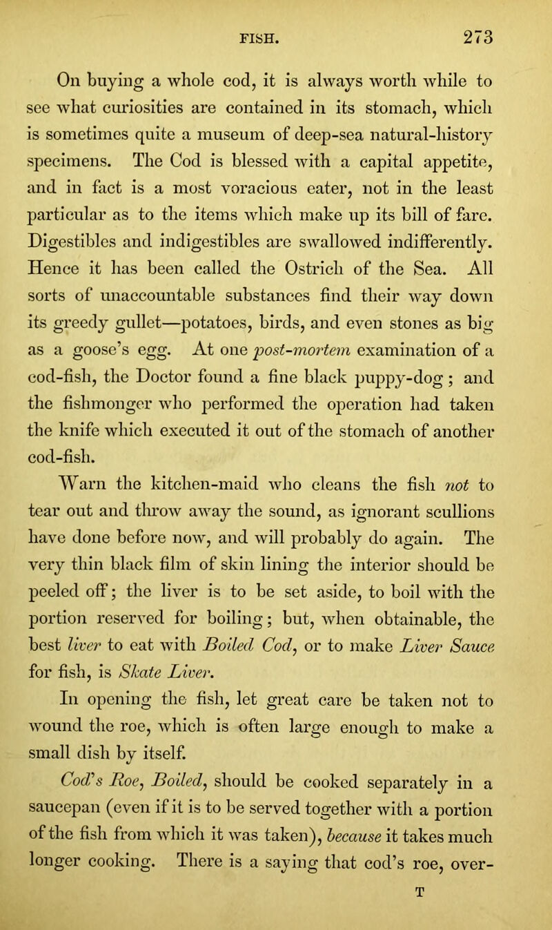 On buying a whole cod, it is always worth while to see what curiosities are contained in its stomach, which is sometimes quite a museum of deep-sea natural-history specimens. The Cod is blessed with a capital appetite, and in fact is a most voracious eater, not in the least particular as to the items which make up its bill of fare. Digestibles and indigestibles are swallowed indifferently. Hence it has been called the Ostrich of the Sea. All sorts of unaccountable substances find their way down its greedy gullet—potatoes, birds, and even stones as big as a goose’s egg. At one post-mortem examination of a cod-fish, the Doctor found a fine black puppy-dog; and the fishmonger who performed the operation had taken the knife which executed it out of the stomach of another cod-fish. Warn the kitchen-maid who cleans the fish not to tear out and throw away the sound, as ignorant scullions have done before now, and will probably do again. The very thin black film of skin lining the interior should be peeled off; the liver is to be set aside, to boil with the portion reserved for boiling; but, when obtainable, the best liver to eat with Boiled Cod, or to make Liver Sauce, for fish, is Skate Liver. In opening the fish, let great care be taken not to wound the roe, which is often large enough to make a small dish by itself. Cod's Roe, Boiled, should be cooked separately in a saucepan (even if it is to be served together with a portion of the fish from which it was taken), because it takes much longer cooking. There is a saying that cod’s roe, over- T