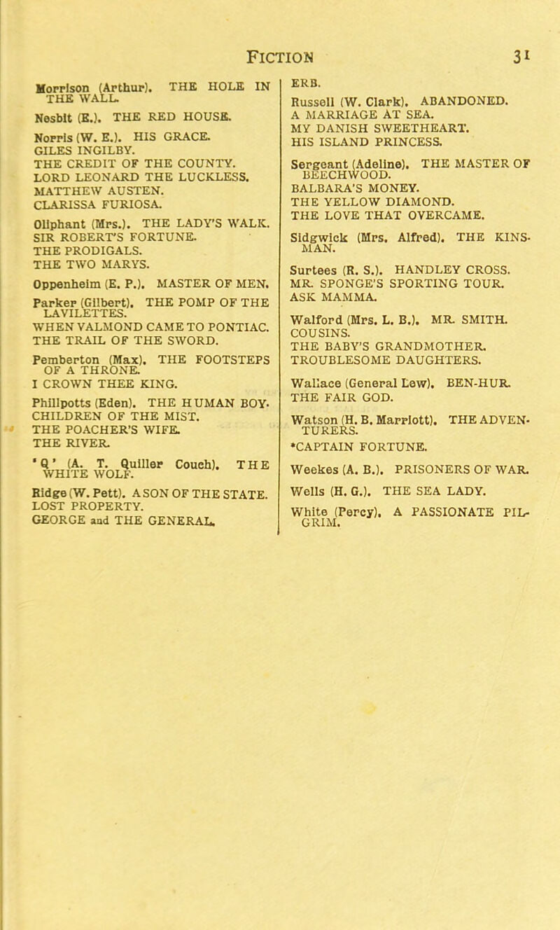 Morrison (Arthur). THE HOLE IN THE WALL. Nesbit (E.). THE RED HOUSE. Norris (W. E.). HIS GRACE. GILES INGILBY. THE CREDIT OF THE COUNTY. LORD LEONARD THE LUCKLESS. MATTHEW AUSTEN. CLARISSA FURIOSA. OUphant (Mrs.). THE LADY’S WALK. SIR ROBERT'S FORTUNE. THE PRODIGALS. THE TWO MARYS. Oppenheim (E. P.). MASTER OF MEN. Parker (Gilbert). THE POMP OF THE LAVILETTES. WHEN VALMOND CAME TO PONTIAC. THE TRAIL OF THE SWORD. Pemberton (Max). THE FOOTSTEPS OF A THRONE. I CROWN THEE KING. Phillpotts (Eden). THE HUMAN BOY. CHILDREN OF THE MIST. THE POACHER’S WIFE. THE RIVER. ERB. Russell (W. Clark). ABANDONED. A MARRIAGE AT SEA. MY DANISH SWEETHEART. HIS ISLAND PRINCESS. Sergeant (Adeline). THE MASTER OF BEECHWOOD. BALBARA’S MONEY. THE YELLOW DIAMOND. THE LOVE THAT OVERCAME. Sidgwick (Mrs. Alfred). THE KINS- MAN. Surtees (R. S.). HANDLEY CROSS. MR SPONGE’S SPORTING TOUR. ASK MAMMA. Walford (Mrs. L. B.). MR SMITH. COUSINS. THE BABY’S GRANDMOTHER. TROUBLESOME DAUGHTERS. Wallace (General Lew). BEN-HUR THE FAIR GOD. Watson (H. B. Marriott). THE ADVEN- TURERS. •CAPTAIN FORTUNE. *Q’ (A. T. Qulller WHITE WOLF. Couch). THE Ridge (W. Pett). A SON OF THE STATE. LOST PROPERTY. GEORGE and THE GENERAL. Weekes (A. B.). PRISONERS OF WAR Wells (H. G.). THE SEA LADY. White (Percy). A PASSIONATE PIL- GRIM.