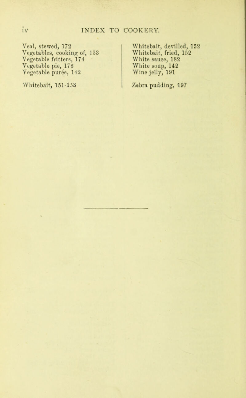 Veal, stewed, 172 Vegetables, cooking of Vegetable fritters, 174 Vegetable pie, 17t5 Vegetable puree, 142 Whitebait, 151-153 133 Whitebait, devilled, 152 Whitebait, fried, 152 White sauce, 182 White soup, 142 Wine jelly, 191 Zebra pudding, 197