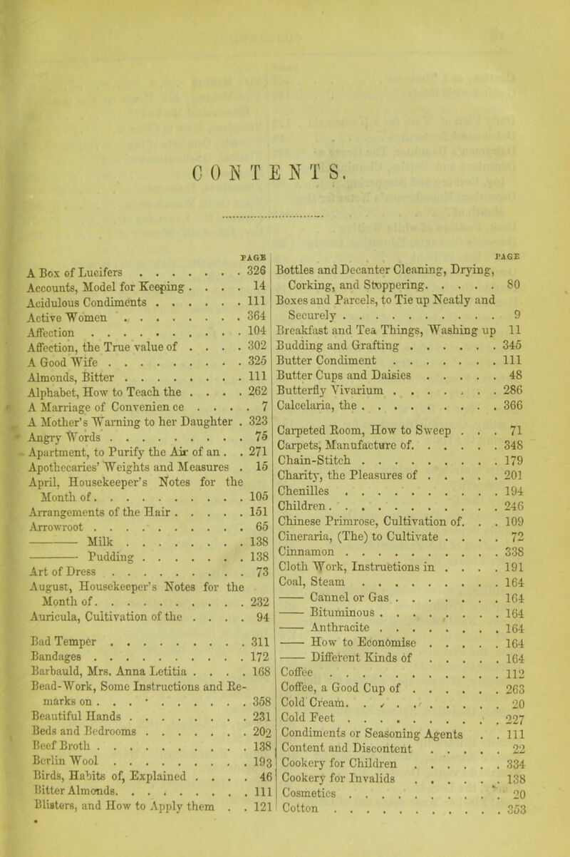 C 0 N T E N T S. PAGE PAGE A Box of Lucifers 326 Accounts, Model for Keeping .... 14 Acidulous Condiments Ill Active Women 364 Affection 104: Affection, the True value of ... . 302 A Good Wife 325 Almonds, Bitter Ill Alphabet, How to Teach the .... 262 A Marriage of Convenien ce .... 7 A Mother’s Warning to her Daughter . 323 v Angry Words 75 - Apartment, to Purify the Air of an . . 271 Apothecaries’ Weights and Measures . 15 April, Housekeeper’s Notes for the Month of 105 Arrangements of the Hair 151 Arrowroot 65 Milk 138 Pudding 138 Art of Dress 73 August, Housekeeper’s Notes for the Month of 232 Auricula, Cultivation of the .... 94 Bad Temper 311 Bandages 172 Barbauld, Mrs. Anna Letitia .... 168 Bead-Work, Some Instructions and Re- marks on ... • 358 Beautiful Hands 231 Beds and Bedrooms 202 Beef Broth 138 Berlin Wool 193 Birds, Habits of, Explained .... 46 Bitter Almonds Ill Blisters, and How to Apply them . . 121 Bottles and Decanter Cleaning, Drying, Corking, and Stoppering 80 Boxes and Parcels, to Tie up Neatly and Securely 9 Breakfast and Tea Things, Washing up 11 Budding and Grafting 345 Butter Condiment Ill Butter Cups and Daisies 48 Butterfly Yivarium ....... 286 Calcelaria, the 366 Carpeted Room, How to Sweep ... 71 Carpets, Manufacture of 348 Chain-Stitch 179 Charity, the Pleasures of 201 Chenilles 194 Children 246 Chinese Primrose, Cultivation of. . . 109 Cineraria, (The) to Cultivate .... 72 Cinnamon 338 Cloth Work, Instructions in .... 191 Coal, Steam 164 Cannel or Gas 164 Bituminous 164 Anthracite 164 How to Economise 164 Different Kinds of 164 Coffee H2 Coffee, a Good Cup of 263 Cold Cream. . ✓ . .> 20 Cold Feet > 227 Condiments or Seasoning Agents . .111 Content and Discontent 22 Cookery for Children 334 Cookery for Invalids 138 Cosmetics . 20 Cotton 353