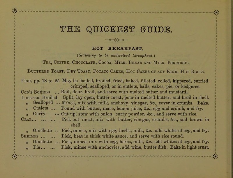 THE QUICKEST EUIDE. HOT BBEAKFAST. {Seasoning to be understood throughout.) Tea, Coffee, Chocolate, Cocoa, Milk, Bread and Milk, Porridge. Buttered Toast, Dry Toast, Potato Cakes, Hot Cakes of any Kind, Hot Bolls. Fish, pp. 18 to 25 May be boiled, broiled, fried, baked, filleted, rolled, kippered, curried, crimped, scalloped, or in outlets, balls, cakes, pie, or kedgeree. Cod’s Sounds ... Boil, flour, broil, and’Serve with melted butter and mustard. Lobster, Broiled Split, lay open, butter meat, pour in melted butter, and broil in shell. ,, Scalloped ... Mince, mix with milk, anchovy, vinegar, &c., cover in crumbs. Bake. ,, Cutlets ... Pound with butter, mace, lemon juice, &c., egg and crumb, and fi:y. ,, Curry ... Cut up, stew with onion, curry powder, &c., and serve with rice. Crab Pick out meat, mix with butter, vinegar, crumbs, &c., and brown in shell. ,, Omelette ... Pick, mince, mix with egg, herbs, milk, &c., add whites of egg, and fry. Shrimps Pick, heat in thick white sauce, and serve with rice round. „ Omelette ... Pick, mince, mix with egg, herbs, milk, &c., add whites of egg, and fry. ,, Pie Pick, mince with anchovies, add wine, butter dish. Bake in light crust.