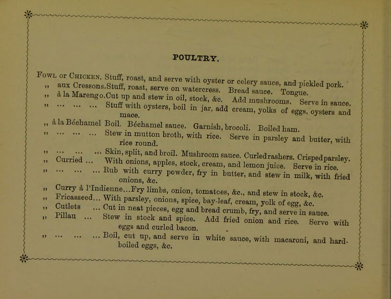 POULTRY. :: SL“5“~ „ AlaB^ohamel Boil. Bechamel sauce. Garnish, brocoli. Boiled ham. Terund“ ” rnvriA,q ”■ W-’S.’ sauce. Curled rashers. Crisped parsley ‘'f’■y fry ^ butter, and stew in milk, with fried onions, &o. ” “a '“w “ =to=k, *0. ” rSr ^' P“»l®y.,<>mon«. spice, bay.leaf, cream, yolk otegg, 4c. ” Pffliu ■ sr.J^-^1 P'f “■/S8.“'3 ‘■'“3 crumb, fry, and aervein sauce. „ PiUau ... blew m Block and epioe. Add fried onion and rice. Serve wilh eggs and curled bacon. BoU, cut up, and serve in white sauce, with macaroni, and hard- boiled eggs, &c. I aiu