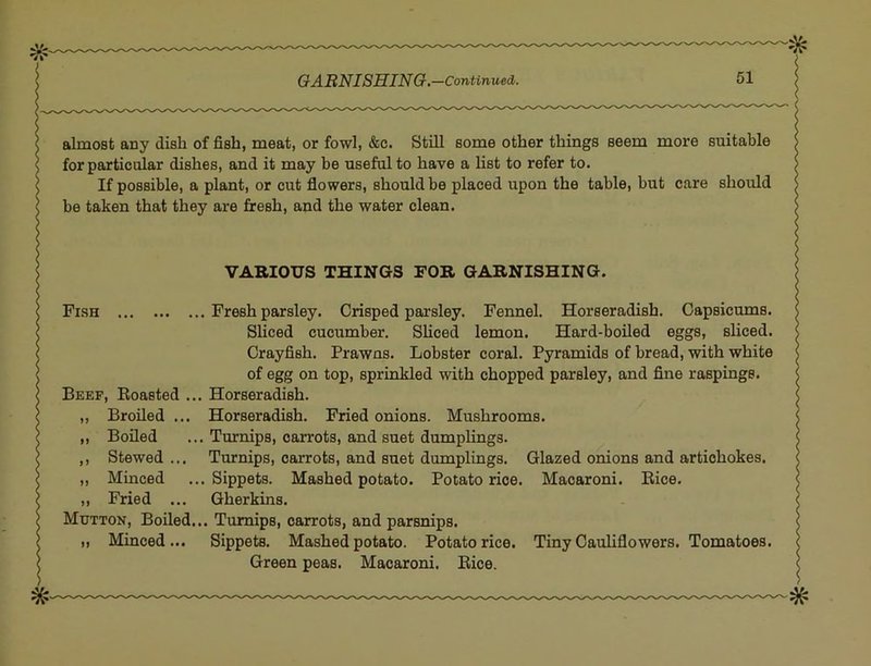 almost any dish of fish, meat, or fowl, &c. Still some other things seem more suitable for particular dishes, and it may be useful to have a list to refer to. If possible, a plant, or cut flowers, should be placed upon the table, but care shoiild be taken that they are fresh, and the water clean. VABIOTJS THIXGS FOR GARNISHING. Fish Freeh parsley. Crisped parsley. Fennel. Horseradish. Capsicums. Sliced cucumber. Sliced lemon. Hard-boiled eggs, sliced. Crayfish. Prawns. Lobster coral. Pyramids of bread, with white of egg on top, sprinkled with chopped parsley, and fine raspings. Beef, Roasted ... Horseradish. „ Broiled ... Horseradish. Fried onions. Mushrooms. „ Boiled ... Turnips, carrots, and suet dumplings. ,, Stewed... Turnips, carrots, and suet dumplings. Glazed onions and artichokes. „ Minced ...Sippets. Mashed potato. Potato rice. Macaroni. Rice. ,, Fried ... Gherkins. Mutton, Boiled... Turnips, carrots, and parsnips. ,, Minced... Sippets. Mashed potato. Potato rice. Tiny Cauliflowers. Tomatoes. Green peas. Macaroni. Rice.