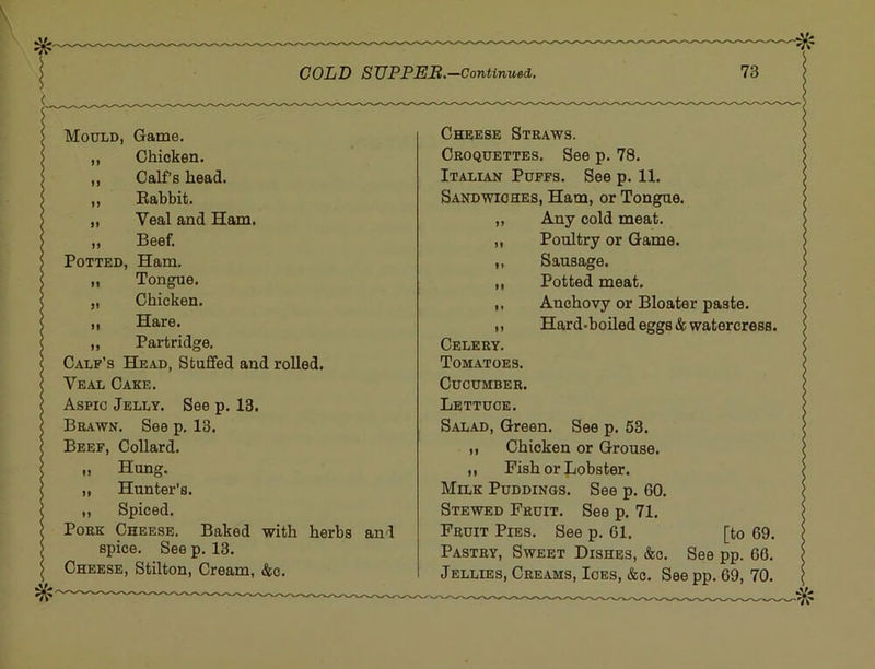 M ,, Chicken. ,, Calf’s head. ,, Babbit. Potted, Ham. ,, Tongue. Hare. ,, Partridge. Calf’s Head, Stuffed and rolled. Veal Cake. Aspic Jelly. See p. 13. Brawn. See p. 13. Beef, Collard. „ Hung. „ Hunter’s. ,, Spiced. Pork Cheese. Baked with herbs and spice. See p. 13. Cheese, Stilton, Cream, &o. Croquettes. See p. 78. Italian Puffs. See p. 11. Sandwiches, Ham, or Tongue. ,, Sausage. ,, Potted meat. ,, Anehovy or Bloater paste. ,, Hard-boiled eggs & watercress. Celery. Tomatoes. Cucumber. Lettuce. Salad, Green. See p. 53. ,, Chicken or Grouse. ,, Fish or Lobster. Milk Puddings. See p. 60. Stewed Fruit. See p. 71. Fruit Pies. See p. 61. [to 69. Pastry, Sweet Dishes, &o. See pp. 66. Jellies, Creams, Ices, &o. See pp. 69, 70.