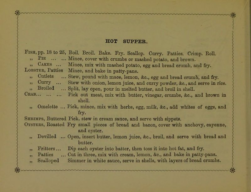 Fish, pp. 18 to 25, Boil. Broil. Bake. Fry. Scallop. Curry. Patties. Crimp. Boll. >> Mince, cover with crumbs or mashed potato, and brown. ,, Cakes ... Mince, mix with mashed potato, egg and bread crumb, and fry. Lobster, Patties Mince, and bake in patty-pans. ,, Cutlets ... Stew, pound with mace, lemon, &c., egg and bread crumb, and fry. ,, Curry ... Stew with onion, lemon juice, and curry powder, &c., and serve in rice. ,, Broiled ... Split, lay open, pour in melted butter, and broil in shell. Crab Pick out meat, mix with butter, vinegar, crumbs, &c., and brown in shell. „ Omelette ... Pick, mince, mix with herbs, egg, milk, &c., add whites of eggs, and fry. Shrimps, Buttered Pick, stew in cream sauce, and serve with sippets. Oysters, Boasted Fry small pieces of bread and bacon, cover with anchovy, cayenne, and oyster. „ Devilled ... Open, insert butter, lemon juice, &c., broil, and serve with bread and butter. ,, Fritters... Dip each oyster into batter, then toss it into hot fat, and fry. „ Patties ... Cut in three, mix with cream, lemon, &c., and bake in patty-pans. „ Scalloped Simmer in white sauce, serve in shells, with layers of bread crumbs.