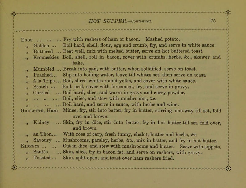 Eggs Fry with rashers of ham or bacon. Mashed potato. ,, Golden ... Boil hard, shell, flour, egg and crumb, fry, and serve in white sauce. ,, Buttered ... Beat well, mix with melted butter, serve on hot buttered toast. ,, Kromeskies Boil, shell, roll in bacon, cover with crumbs, herbs, &c., skewer and bake. „ Mumbled ... Break into pan, with butter, when sohdified, serve on toast. ,, Poached... Slip into boiling water, leave till whites set, then serve on toast. ,, i la Tripe ... Boil, shred whites round yolks, and cover with white sauce. ,, Scotch ... Boil, peel, cover with forcemeat, fry, and serve in gravy. ,, Curried ... Boil hard, shce, and warm in gravy and curry powder. ,, Bon, slice, and stew with mushrooms, &c. ,, Boil hard, and serve in sauce, with herbs and wine. Omelette, Ham Mince, fry, stir into batter, fry in butter, stirring one way till set, fold over and brown. ,, Kidney ... Skin, fry in dice, stir into batter, fry in hot butter till set, fold over, and brown. „ auThon... With roes of carp, fresh tunny, shalot, butter and herbs, &c. „ Savoury ... Mushrooms, parsley, herbs, &c., mix in batter, and fry in hot butter. Kidneys Cut in dice, and stew with mushrooms and butter. Serve with sippets. „ Saut4s ... Skin, slice, fry in bacon fat, and serve on rashers, with gravy. „ Toasted ... Skin, split open, and toast over ham rashers fried.