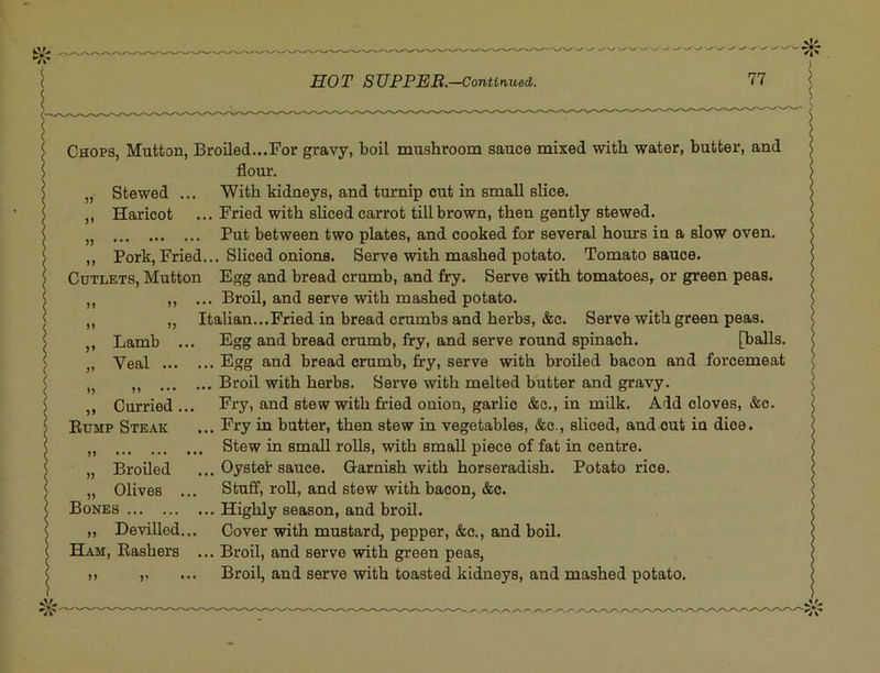 Chops, Mutton, Broiled...For gravy, boil mushroom sauce mixed with water, butter, and flour. „ Stewed ... With kidneys, and turnip cut in small slice. ,, Haricot ... Fried with sliced carrot till brown, then gently stewed. Put between two plates, and cooked for several hours in a slow oven. ,, Pork, Fried... Sliced onions. Serve with mashed potato. Tomato sauce. Cutlets, Mutton Egg and bread crumb, and fry. Serve with tomatoes, or green peas. ,, ,, ... Broil, and serve with mashed potato. ,, „ Italian...Fried in bread crumbs and herbs, &c. Serve with green peas. ,, Lamb ... Egg and bread crumb, fry, and serve round spinach. [balls. Veal Egg and bread crumb, fry, serve with broiled bacon and forcemeat ,, Broil with herbs. Serve with melted butter and gravy. ,, Curried... Fry, and stew with fried onion, garlic &c., in milk. Add cloves, &c. Bump Steak ... Fry in butter, then stew in vegetables, &c., sliced, and out in dice. Stew in small rolls, with small piece of fat in centre. „ Broiled ... Oystet sauce. Garnish with horseradish. Potato rice. „ Olives ... Stuff, roll, and stew with bacon, &c. Bones Highly season, and broil. „ Devilled... Cover with mustard, pepper, &c., and boil. Ham, Bashers ... Broil, and serve with green peas, ), ,. ... Broil, and serve with toasted kidneys, and mashed potato.