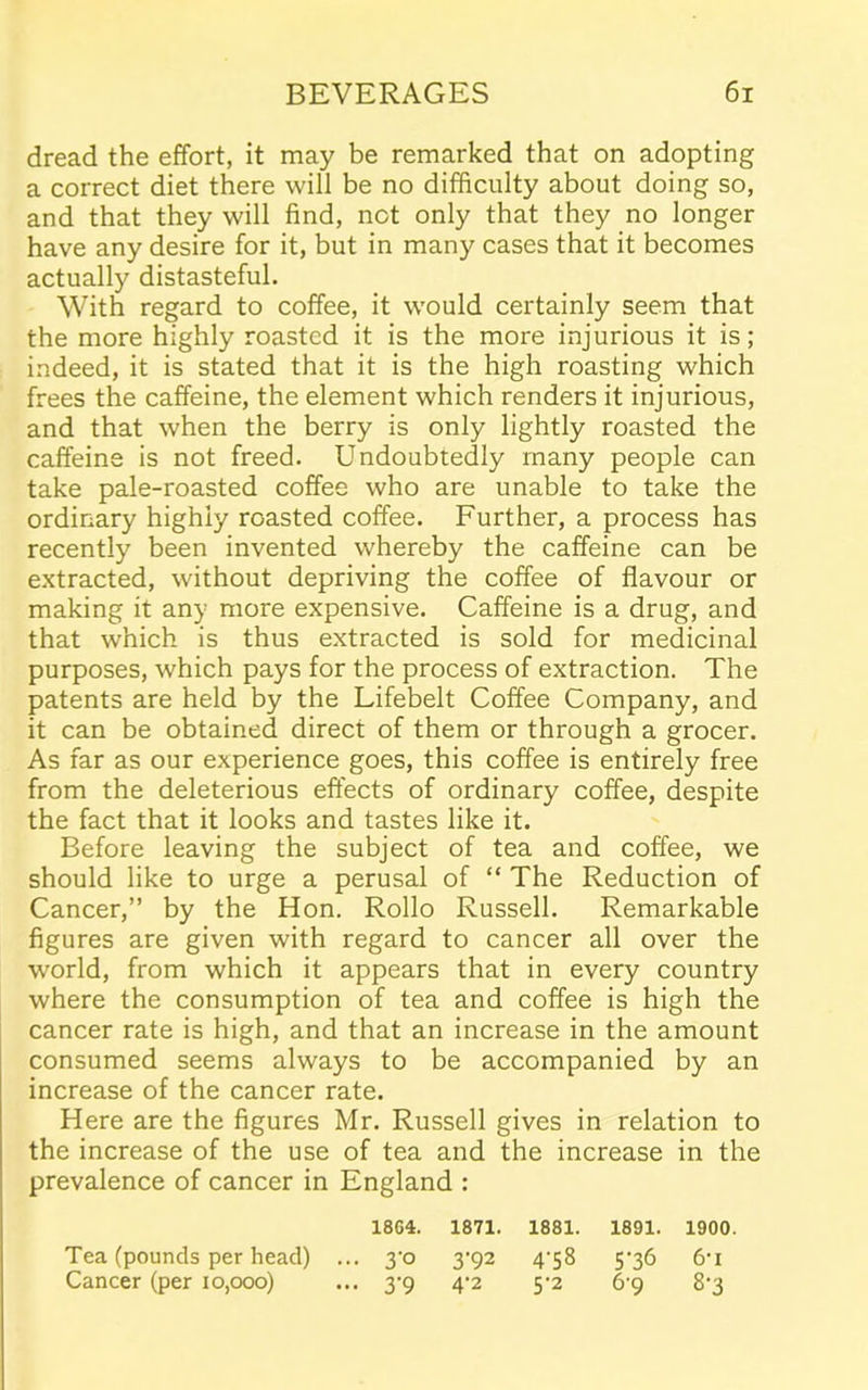 dread the effort, it may be remarked that on adopting a correct diet there will be no difficulty about doing so, and that they will find, not only that they no longer have any desire for it, but in many cases that it becomes actually distasteful. With regard to coffee, it would certainly seem that the more highly roasted it is the more injurious it is; indeed, it is stated that it is the high roasting which frees the caffeine, the element which renders it injurious, and that when the berry is only lightly roasted the caffeine is not freed. Undoubtedly many people can take pale-roasted coffee who are unable to take the ordinary highly roasted coffee. Further, a process has recently been invented whereby the caffeine can be extracted, without depriving the coffee of flavour or making it any more expensive. Caffeine is a drug, and that which is thus extracted is sold for medicinal purposes, which pays for the process of extraction. The patents are held by the Lifebelt Coffee Company, and it can be obtained direct of them or through a grocer. As far as our experience goes, this coffee is entirely free from the deleterious effects of ordinary coffee, despite the fact that it looks and tastes like it. Before leaving the subject of tea and coffee, we should like to urge a perusal of “ The Reduction of Cancer,” by the Hon. Rollo Russell. Remarkable figures are given with regard to cancer all over the world, from which it appears that in every country where the consumption of tea and coffee is high the cancer rate is high, and that an increase in the amount consumed seems always to be accompanied by an increase of the cancer rate. Here are the figures Mr. Russell gives in relation to the increase of the use of tea and the increase in the prevalence of cancer in England : 1864. 1871. 1881. 1891. 1900. Tea (pounds per head) ... 3’o 3^92 4*58 5’36 6u Cancer (per 10,000) ... 3^9 4^2 5-2 C9 8‘3