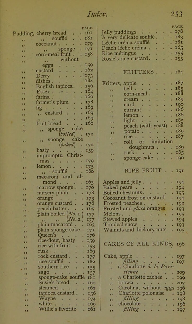 PAGE Pudding, cherry bread . . 161 ,, ,, souffld . . 181 ,, cocoanut .... 179 „ sponge . 171 ,, corn-meal fruit . . 158 ,, „ without eggs .... iS9 ,, custard .... 162 „ Derry .... 173 „ dishes 184 ,, English tapioca. . 156 ,, Essex ..*... 164 ,, farina 160 ,, farmer's plum . . 178 „ fig ,, ,, custard . . . 109 >» »» ... 169 ,, fruit bread . . .160 „ ,, sponge cake [boiled) . 172 „ ,, sponge cake (baked) . 172 hasty 159 ,, impromptu Christ- mas 179 lemon 171 ,, souffle . . 180 macaroni and al- mond .... 163 marrow sponge. . 170 nursery plum . . 178 orange .... 173 orange custard . . 176 peach batter. . . 16S plain boiled (No. 1.) 177 „ „ (No. 2.) 177 plain macaroni . . 163 plain sponge-cake . 171 Queen's . . . . 176 rice-flour, hasty iS9 rice with fruit . . i53 rusk 169 rock custard. . . 177 rice souffld . . . 182 southern rice . . 155 sago 157 sponge-cake souffld 181 Susie's bread . . 160 steamed ,, . . . tapioca custard . . 162 r56 Wayne . . . . 174 white 169 Willie's favorite . 161 Jelly puddings . . . A very delicate souffle . Ldche erdma souffle Peach leche erdma . . Rice mdringue . . . Rosie's rice custard. . PACE . 178 . 183 . 181 . 165 • I5S • 155 FRITTERS . Fritters, apple ,, bell corn-meal . cream . . curd . . currant lemon . . light . . peach (with yeast) potato . . rice . . . roll, or imitatii doughnuts . rusk.... sponge-cake . RIPE FRUIT . 184 . 187 . 185 . 188 . 189 . 190 . 186 . 186 . 185 . 188 . 189 . 187 on . 189 . 183 . 190 . 191 Apples and jelly 194 Baked pears 194 Boiled chestnuts 19S Cocoanut frost on custard . 194 Frosted peaches 192 Frosted and glace oranges . 193 Melons 195 Stewed apples 194 Tropical snow 193 Walnuts and hickory nuts . 193 CAKES OF ALL KINDS. 196 Cake, apple 197 „ filling 197 ,, a Charlotte d la Pari- sienne 209 ,, a Charlotte cachde . . 199 ,, brown 207 ,, Carolina, without eggs 196 ,, Charlotte polonaise . 198 „ filling 198 ,, chocolate 196 „ filling 197