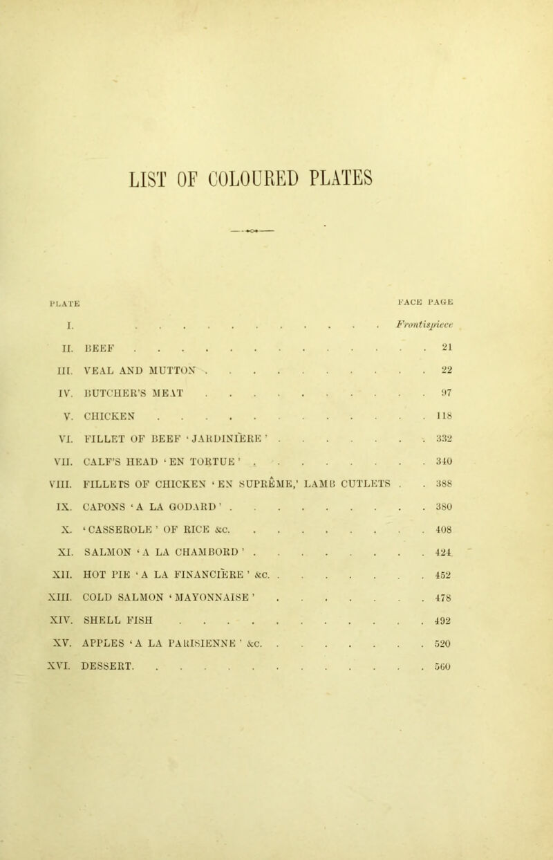 LIST OF COLOURED PLATES —--»o» - — I'LATE FACE PAGE I. ........... Front isjyit'ci; II. liEKF iJl III. VE.AL .AND MUTTON 22 IV. I’.UTCTIEirs ME.U' !»7 V. CHICKEN 118 VI. FILLET OF DEEF ‘J.AUDINIEKE ’ VII. C.ALF’S HEAD ‘ EN TOKTUE ’ 340 VIII. FILLETS OF CHICKEN ‘ EN SUPllEME,’ LAMP, CUTLETS . . 388 IX. CAPONS ‘A LA GODARD’ 380 X. ‘CASSEROLE’ OF RICE .>cc 408 XI. SALAION ‘ A LA CHAMRORD ’ 424 XII. HOT PIE ‘ A LA FINANCIERE ’ «c 4.52 XIII. COLD SALMON ‘ MAYONNAISE ’ 478 XIV. SHELL FISH 492 XV. APPLES ‘A LA PAUISIENNE ’ JcC .520 XVI. DESSERT 500