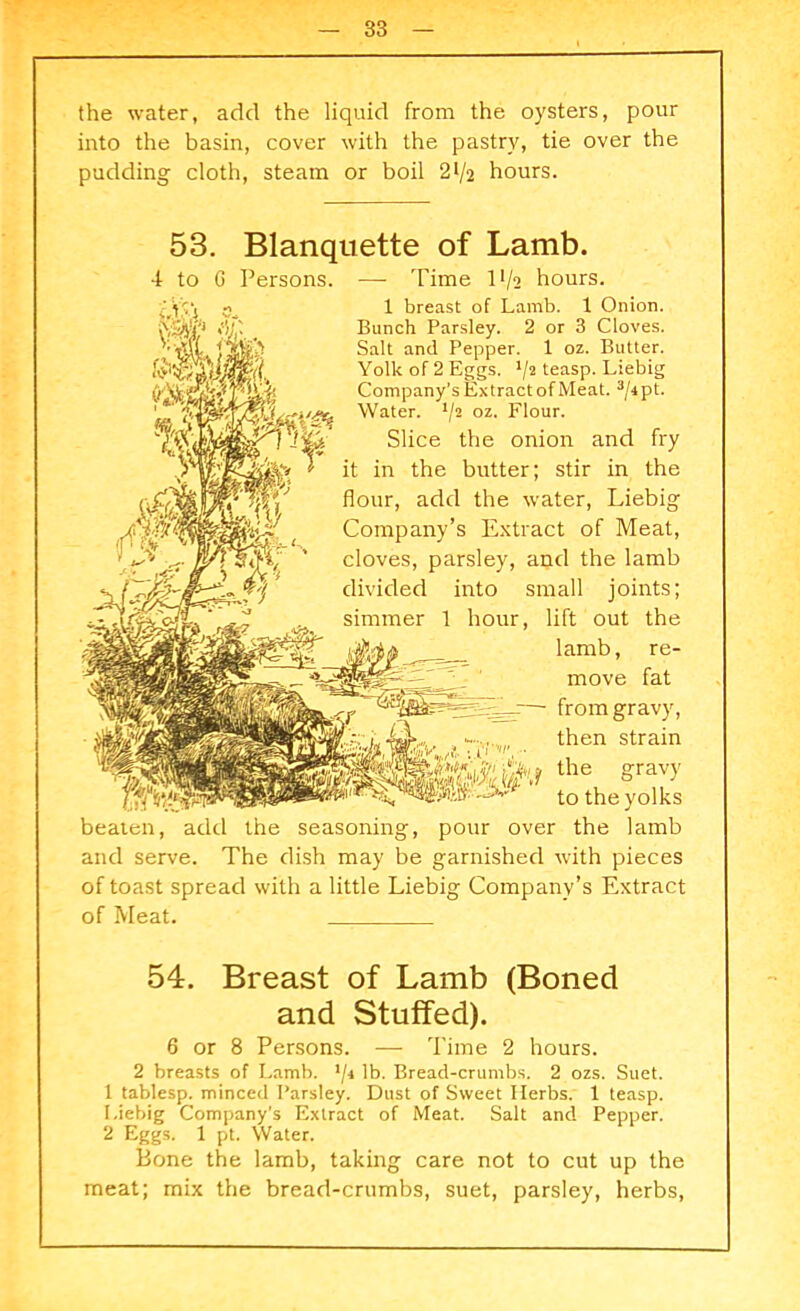 the water, add the liquid from the oysters, pour into the basin, cover with the pastry, tie over the pudding cloth, steam or boil 21/2 hours. 53. Blanquette of Lamb. 4 to G Persons. — Time 1 */a hours. 1 breast of Lamb. 1 Onion. Bunch Parsley. 2 or 3 Cloves. Salt and Pepper. 1 oz. Butter. Yolk of 2 Eggs. V* teasp. Liebig Company’s Ex tract of Meat. 3/* pt. Water. */2 oz. Flour. Slice the onion and fry it in the butter; stir in the flour, add the water, Liebig ( Company’s Extract of Meat, cloves, parsley, and the lamb divided into small joints; simmer 1 hour, lift out the lamb, re- move fat from gravy, then strain the gravy to the yolks beaten, add the seasoning, pour over the lamb and serve. The dish may be garnished with pieces of toast spread with a little Liebig Company’s Extract of Meat. 54. Breast of Lamb (Boned and Stuffed). 6 or 8 Persons. — Time 2 hours. 2 breasts of Lamb. */4 lb. Bread-crumbs. 2 ozs. Suet. 1 tablesp. minced Parsley. Dust of Sweet Herbs. 1 teasp. Liebig Company’s Extract of Meat. Salt and Pepper. 2 Eggs. 1 pt. Water. Bone the lamb, taking care not to cut up the meat; mix the bread-crumbs, suet, parsley, herbs,