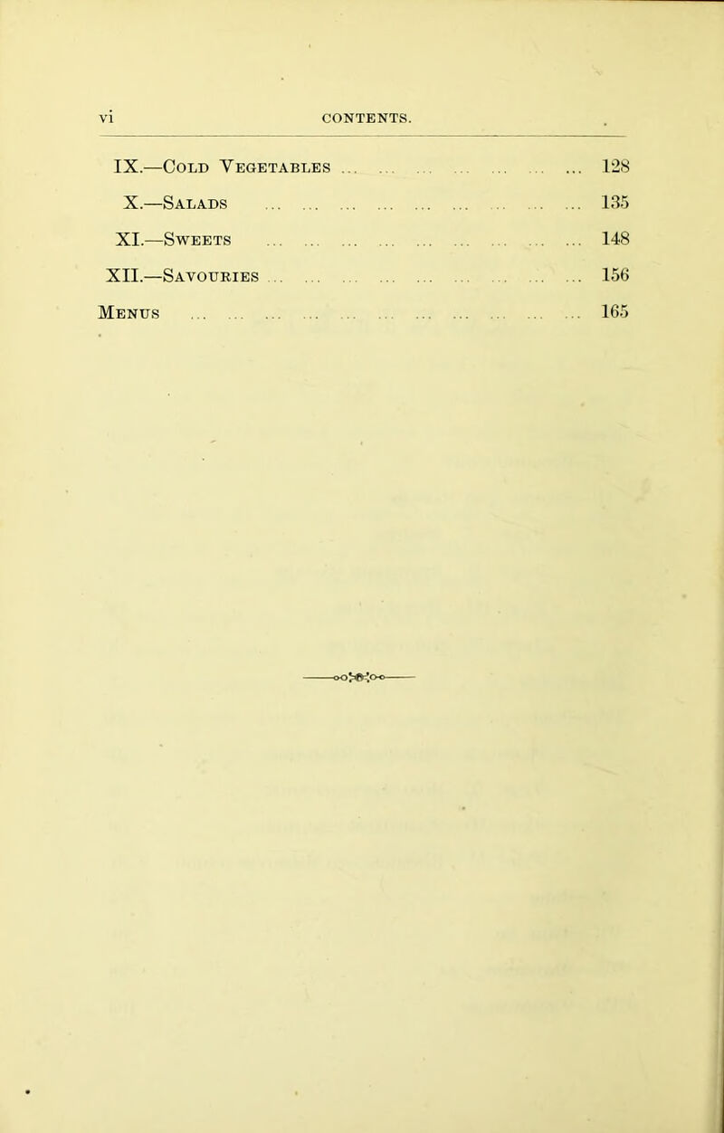 IX.—Cold Vegetables ... 128 X.—Salads 135 XI.—Sweets 148 XII.—Savouries 156 Mends 165