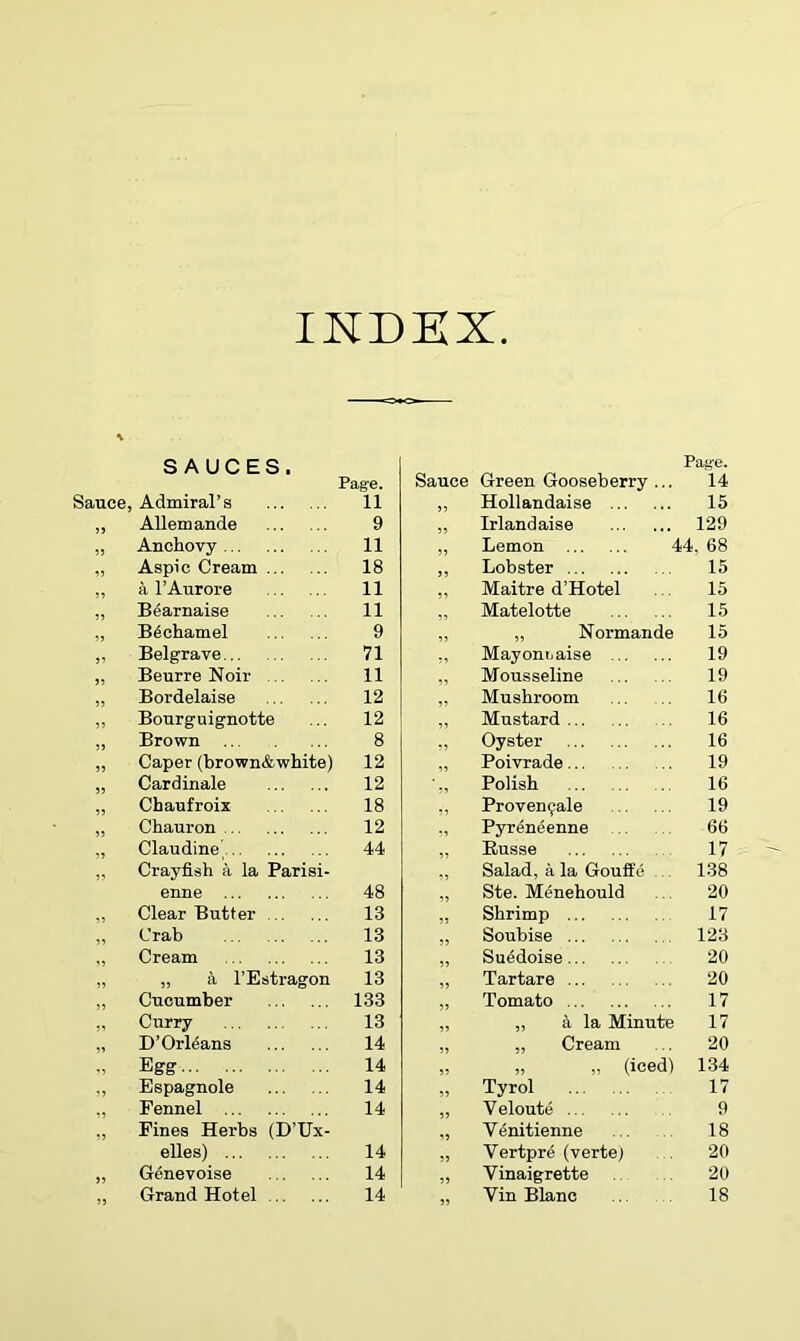 IKDKX SAUCES. Page. Sauce Green Gooseberry ... Page. 14 Sauce, Admiral’s 11 „ Hollandaise 15 „ Allemande 9 „ Irlandaise 129 „ Anchovy 11 „ Lemon 44, 68 „ Aspic Cream 18 ,, Lobster 15 „ a I’Aurore 11 „ Maitre d’Hotel . . 15 „ B4arnaise 11 „ Matelotte 15 „ Bechamel 9 „ „ Normande 15 „ Belgrave 71 ,, Mayontjaise 19 „ Beurre Noir 11 „ Mousseline 19 „ Bordelaise 12 ,, Mushroom 16 ,, Bourguignotte 12 „ Mustard 16 „ Brown 8 Oyster 16 „ Caper (brown&white) 12 „ Poivrade 19 „ Cardinale 12 ■,, Polish 16 „ Chaufroix 18 ,, Proven9ale 19 „ Chauron 12 ,, Pyr^neenne 66 „ Claudine^ 44 „ Eusse 17 „ Crayfish a la Parisi- ,, Salad, ala Goufte ... 138 enne 48 „ Ste. Menehould 20 „ Clear Butter 13 „ Shrimp 17 „ Crab 13 „ Soubise 123 ,, Cream 13 „ Su6doise 20 „ „ a I’Estragon 13 „ Tartars 20 „ Cucumber 133 „ Tomato 17 „ Curry 13 „ „ i la Minute 17 „ D’Orl^ans 14 „ „ Cream 20 Egg 14 „ „ „ (iced) 134 ,, Espagnole 14 „ Tyrol 17 „ Fennel 14 „ Veloute 9 „ Fines Herbs (D’Ux- „ Venitienne 18 elles) 14 „ Vertpre (vertej 20 „ Genevoise 14 „ Vinaigrette 20 „ Grand Hotel 14 „ Yin Blanc 18