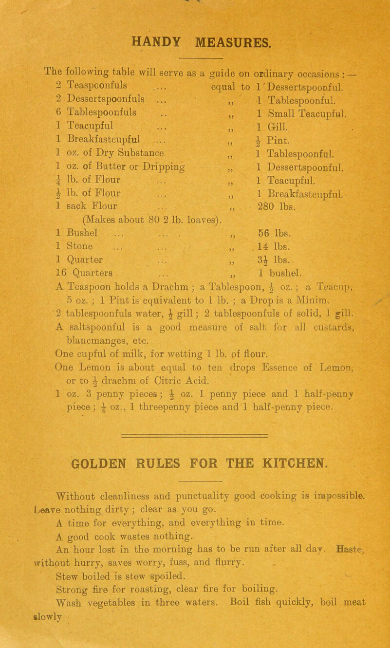 HANDY MEASURES. The following table will serve as a guide on ordinary occasions : — equal to 1'Dessertspoonful. ,, 1 Tablespoonful. Small Teacupful. Gill. Pint. Tablespoonful. Dessertspoonful. Teacupful. Breakfastcupful. 1 1 1 2 1 1 1 1 280 lbs. Teaspoonfuls Dessertspoonfuls Tablespoonfuls Teacupful Breakfastcupful oz. of Dry Substance oz. of Butter or Dripping ^ lb. of Flour ^ lb. of Flour 1 sack Flour (Makes about 80 2 lb. loaves). 1 Bushel ... ... . 1 Stone 1 Quarter 16 Quarters A Teaspoon holds a Drachm ; a Tablespoon, oz. ; a Teacup, 5 oz.; 1 Pint is equivalent to I lb. ; a Drop is a Minim. ’2 tablespoonfuls water, ^ gill; 2 tablespoonfuls of solid, 1 gill. A saltspoonful is a good measure of salt for all custards, blancmanges, etc. One cupful of milk, for wetting 1 lb. pf flour. One Lemon is about equal to ten drops Essence of Lemon, or to ^ drachm of Citric Acid. 1 oz. 3 penny pieces; ^ oz. 1 penny piece and 1 half-penny piece; ^ oz., 1 threepenny piece and 1 half-penny piece. 56 lbs. 14 lbs. lbs. 1 bushel. GOLDEN RULES FOR THE KITCHEN. Without cleanliness and punctuality good cooking is impossible. Leave nothing dirty; clear as you go. A time for everything, and everything in time. A good cook wastes nothing. An hour lost in the morning has to be run after all day. Haste,, without hurry, saves worry, fuss, and flurry. Stew boiled is stew spoiled. Strong fire for roasting, clear fire for boiling. Wash vegetables in three waters. Boil fish quickly, boil meat slowly