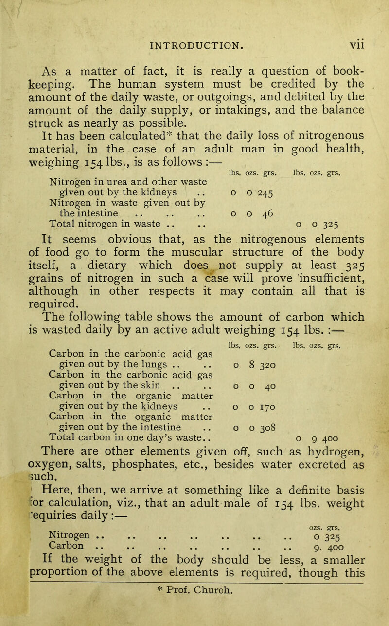 As a matter of fact, it is really a question of book- keeping. The human system must be credited by the amount of the daily waste, or outgoings, and debited by the amount of the daily supply, or intakings, and the balance struck as nearly as possible. It has been calculated* that the daily loss of nitrogenous material, in the case of an adult man in good health, weighing 154 lbs., is as follows :— lbs. ozs. grs. lbs. ozs. grs. Nitrogen in urea and other waste given out by the kidneys .. 00 245 Nitrogen in waste given out by the intestine .. .. .. o o 46 Total nitrogen in waste .... 00 325 It seems obvious that, as the nitrogenous elements of food go to form the muscular structure of the body itself, a dietary which does not supply at least 325 grains of nitrogen in such a case will prove Insufficient, although in other respects it may contain all that is required. The following table shows the amount of carbon which is wasted daily by an active adult weighing 154 lbs. :— Carbon in the carbonic acid gas given out by the lungs .. Carbon in the carbonic acid gas given out by the skin .. Carbon in the organic matter given out by the kidneys Carbon in the organic matter given out by the intestine Total carbon in one day’s waste.. lbs. ozs. grs. lbs. ozs. grs. o 8 320 o o 40 o o 170 o o 308 o 9 400 There are other elements given off, such as hydrogen, oxygen, salts, phosphates, etc., besides water excreted as such. ‘ Here, then, we arrive at something like a definite basis tor calculation, viz., that an adult male of 154 lbs. weight 'equiries daily:— ozs. grs. Nitrogen o 325 Carbon .. .. .. .. .. .. .. 9. 400 If the weight of the body should be less, a smaller proportion of the above elements is required, though this Prof. Church.