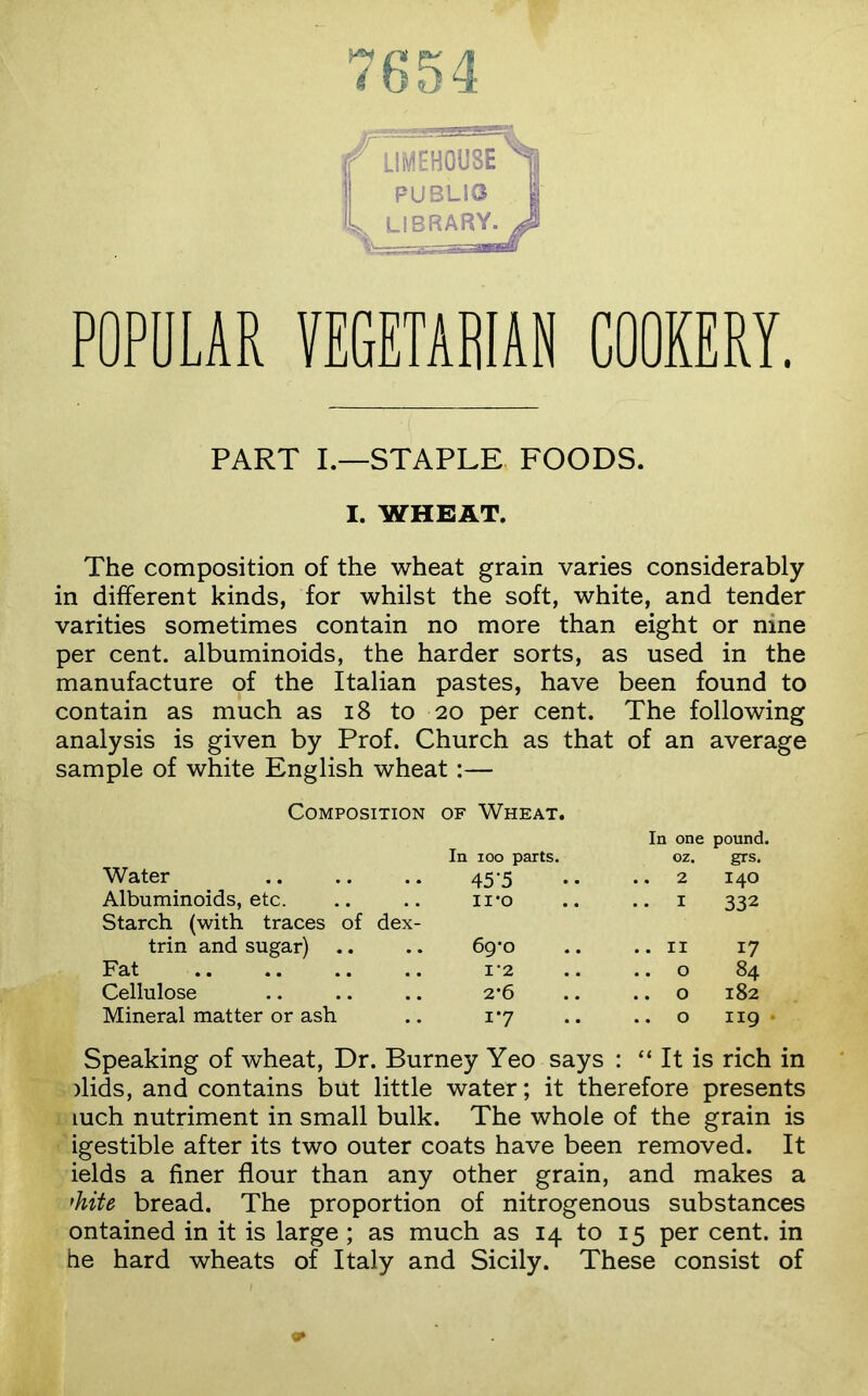 POPULAR VEGETARIAN COOKERY. PART L—STAPLE FOODS. I. WHEAT. The composition of the wheat grain varies considerably in different kinds, for whilst the soft, white, and tender varities sometimes contain no more than eight or nine per cent, albuminoids, the harder sorts, as used in the manufacture of the Italian pastes, have been found to contain as much as i8 to 20 per cent. The following analysis is given by Prof. Church as that of an average sample of white English wheat:— Composition of Wheat. Water In 100 parts. 45‘5 In one oz. .. 2 pound. ■' grs, 140 Albuminoids, etc. 11*0 . . I 332 Starch (with traces of dex- trin and sugar) 6g*o . . II 17 ^ Jb' at .. .. .. .. I’2 . . 0 84 _ Cellulose 2’6 . . 0 182 Mineral matter or ash 17 .. 0 119 ^ Speaking of wheat. Dr. Burney Yeo says : “ It is rich in )lids, and contains but little water; it therefore presents luch nutriment in small bulk. The whole of the grain is igestible after its two outer coats have been removed. It ields a finer flour than any other grain, and makes a 'kite bread. The proportion of nitrogenous substances ontained in it is large ; as much as 14 to 15 per cent, in he hard wheats of Italy and Sicily. These consist of