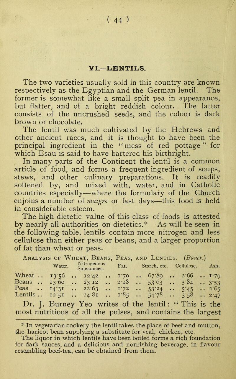 YI—LENTILS. The two varieties usually sold in this country are known respectively as the Egyptian and the German lentil. The former is somewhat like a small split pea in appearance, but flatter, and of a bright reddish colour. The latter consists of the uncrushed seeds, and the colour is dark brown or chocolate. The lentil was much cultivated by the Hebrews and other ancient races, and it is thought to have been the principal ingredient in the “mess of red pottage” for which Esau is said to have bartered his birthright. In many parts of the Continent the lentil is a common article of food, and forms a frequent ingredient of soups, stews, and other culinary preparations. It is readily softened by, and mixed with, water, and in Catholic countries especially—where the formulary of the Church enjoins a number of inaigre or fast days—this food is held in considerable esteem. The high dietetic value of this class of foods is attested by nearly all authorities on dietetics.'^' As will be seen in the following table, lentils contain more nitrogen and less cellulose than either peas or beans, and a larger proportion of fat than wheat or peas. Analysis of Wheat, Beans, Peas, and Lentils. {Bauer.) Water. Niyogenous Starch, etc. Cellulose. Ash. Substances. Wheat .. i3'56 .. 12*42 .. 1*70 .. 67 89 .. 2*66 .. 1*79 Beans .. 13*60 .. 23-12 .. 2 28 .. 53 63 .. 3-84 .. 3*53 Peas .. 14*31 .. 22-63 •• 172 .• 53‘24 .. 5'45 .. 2-65 Lentils.. 12*51 .. 24-81 .. 1*85 .. 5478 .. 3-58 .. 2*47 Dr. J. Burney Yeo writes of the lentil: “ This is the most nutritious of all the pulses, and contains the largest * In vegetarian cookery the lentil takes the place of beef and mutton, the haricot bean supplying a substitute for veal, chicken, etc. The liquor in -which lentils have been boiled forms a rich foundation for dark sauces, and a delicious and nourishing beverage, in flavour resembling beef-tea, can be obtained from them.