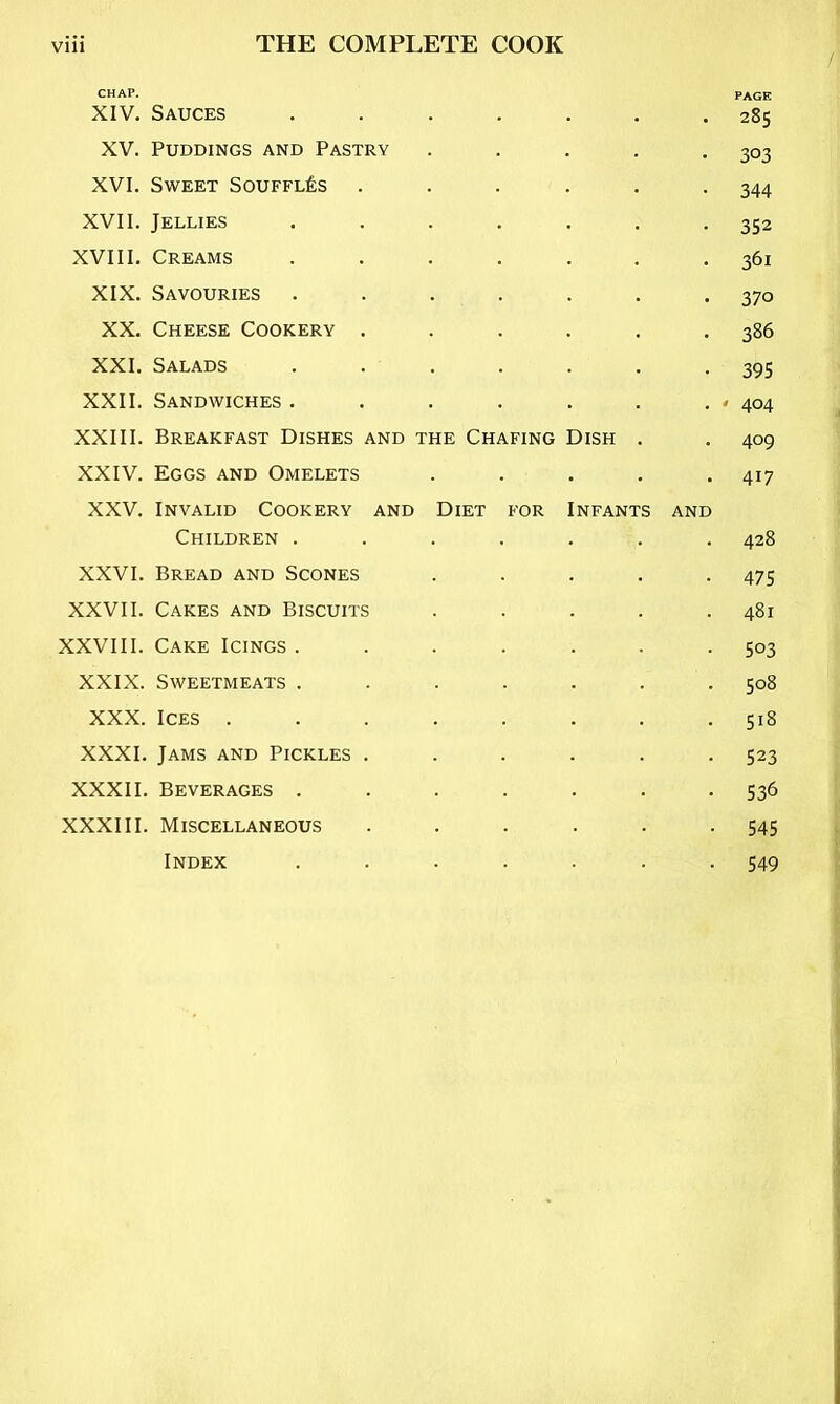 CHAP. page XIV, Sauces ....... 285 XV. Puddings and Pastry . . . . .303 XVI. Sweet Souffles . . . . . .344 XVII. Jellies ....... 352 XVIII, Creams ....... 361 XIX. Savouries ....... 370 XX. Cheese Cookery . . . . . .386 XXL Salads ....... 395 XXII. Sandwiches . . . . . . , < 404 XXIII. Breakfast Dishes and the Chafing Dish . . 409 XXIV. Eggs and Omelets . . . . .417 XXV. Invalid Cookery and Diet for Infants and Children ....... 428 XXVI. Bread and Scones . . . . .475 XXVII. Cakes and Biscuits . . . . .481 XXVIII. Cake Icings ....... 503 XXIX. Sweetmeats ....... 508 XXX. Ices 518 XXXI. Jams and Pickles . . . . . -523 XXXII. Beverages ....... 536 XXXIII. Miscellaneous ...... 545 Index ....... 549