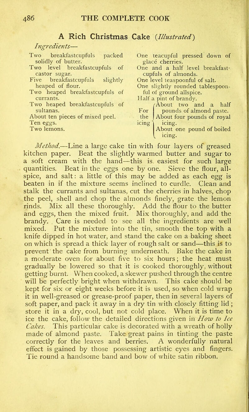 A Rich Christmas Cake {Illustrated) Ingredients— Two breakfastcupfuls packed solidly of butter. Two level breakfastcupfuls of castor sugar. Five breakfastcupfuls slightly heaped of flour. Two heaped breakfastcupfuls of currants. Two heaped breakfastcupfuls of sultanas. About ten pieces of mixed peel. Ten eggs. Two lemons. One teacupful pressed down of glace cherries. One and a half level breakfast- cupfuls of almonds. One level teaspoonful of salt. One slightly rounded tablespoon- ful of ground allspice. Half a pint of brandy. {About two and a half pounds of almond paste. About four pounds of royal icing. About one pound of boiled icing. Method.—Line a large cake tin with four layers of greased kitchen paper. Beat the slightly warmed butter and sugar to a soft cream with the hand—this is. easiest for such large quantities. Beat in the eggs one by one. Sieve the flour, all- spice, and salt: a little of this may be added as each egg is beaten in if the mixture seems inclined to curdle. Clean and stalk the currants and sultanas, cut the cherries in halves, chop the peel, shell and chop the almonds finely, grate the lemon rinds. Mix all these thoroughly. Add the flour to the butter and eggs, then the mixed fruit. Mix thoroughly, and add the brandy. Care is needed to see all the ingredients are well mixed. Put the mixture into the tin, smooth the top with a knife dipped in hot water, and stand the cake on a baking sheet on which is spread a thick layer of rough salt or sand—this is to prevent the cake from burning underneath. Bake the cake in a moderate oven for about five to six hours; the heat must gradually be lowered so that it is cooked thoroughly, without getting burnt. When cooked, a skewer pushed through the centre will be perfectly bright when withdrawn. This cake should be kept for six or eight weeks before it is used, so when cold wrap it in well-greased or grease-proof paper, then in several layers of soft paper, and pack it away in a dry tin with closely fitting lid; store it in a dry, cool, but not cold place. When it is time to ice the cake, follow the detailed directions given in How to Ice Cakes. This particular cake is decorated with a wreath of holly made of almond paste. Take great pains in tinting the paste correctly for the leaves and berries, A wonderfully natural effect is gained by those possessing artistic eyes and fingers. Tie round a handsome band and bow of white satin ribbon.