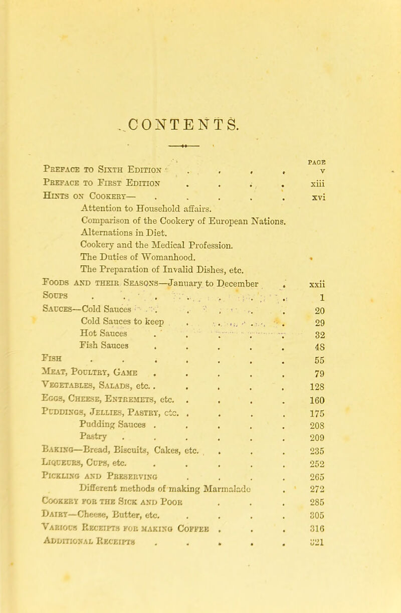 , CONTENTS. Preface to Sixth Edition ' . , , PAGE V Preface to First Edition . . ^ _ • xiii Hints on Cookery— .... xvi Attention to Household affairs. Comparison of the Cookery of European Nations. Alternations in Diet. Cookery and the Medical Profession. The Duties of Womanhood. The Preparation of Invalid Dishes, etc. Foods and their Seasons—January to December xxii Socps . . , . . 1 Sauces—Cold Sauces • . . , ■ ... 20 Cold Sauces to keep . 29 Hot Sauces . . . . • • ■ ■; 32 Fish Sauces .... 4S Fish ...... 55 Meat, Poultry, Game .... 79 Vegetables, Salads, etc..... 128 Eggs, Cheese, Entremets, etc. . 160 Puddings, Jellies, Pastry, etc. . 175 Puddin Sauces .... 208 Pastry ..... 209 Baking—Bread, Biscuits, Cakes, etc. 235 Liqueurs, Cups, etc. ... . 252 Pickling and Preserving 265 Different methods of making Marmalade 272 Cookery for the Sick and Poor 285 Dairy—Cheese, Butter, etc. CO o Various Receipts for making Coffee . 316 Additional Receipts .... 321