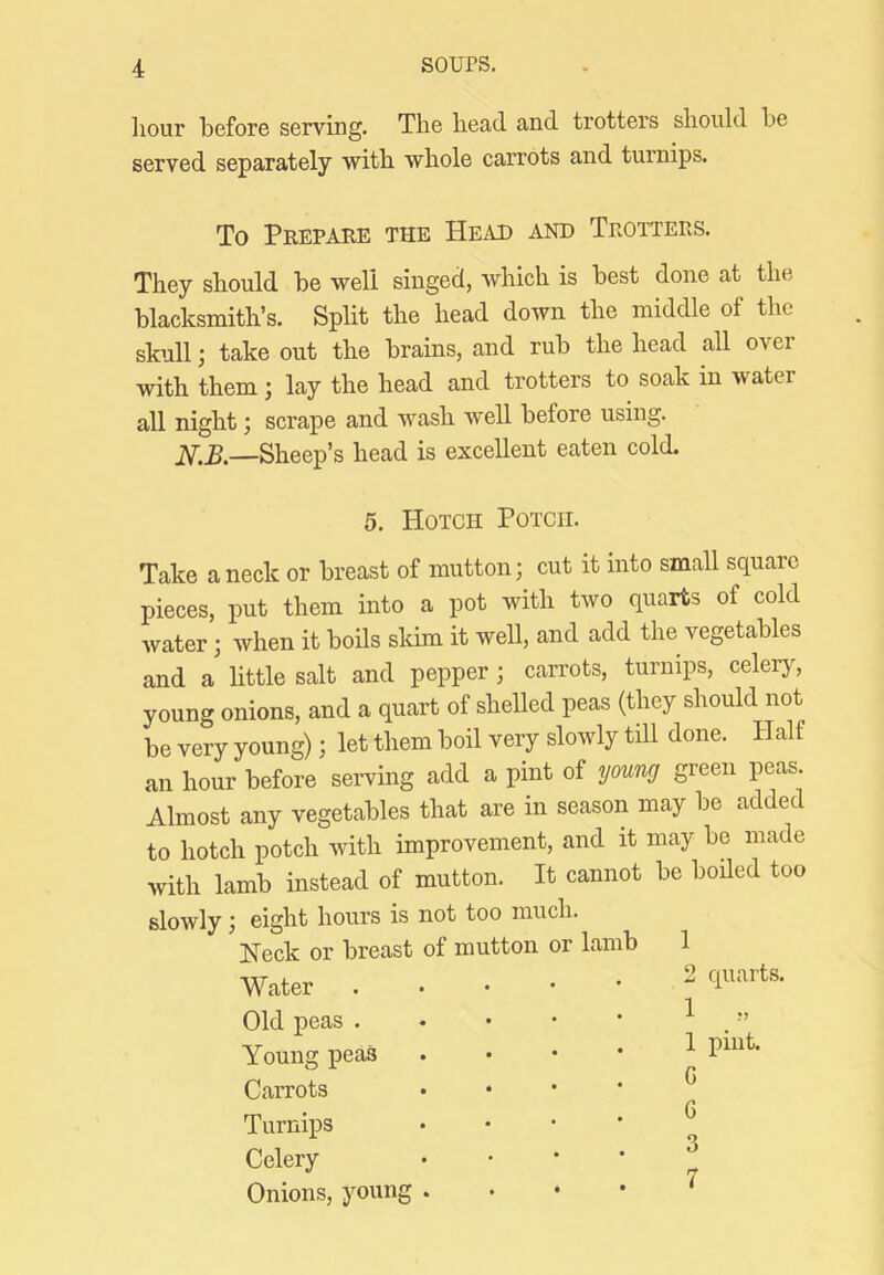 liour before serving. The head and trotters should he served separately with whole carrots and turnips. To Prepare the HEiVD and Trotters. They should be well singed, which is best done at the blacksmith’s. Split the head down the middle of the skull; take out the brains, and rub the head all over with them; lay the head and trotters to soak in water all night; scrape and wash well before using. —Sheep’s head is excellent eaten cold. 5. Hotch Potcii. Take a neck or breast of mutton; cut it into small square pieces, put them into a pot with two quarts of cold water; when it boils skim it well, and add the vegetables and a little salt and pepper; carrots, turnips, celery, young onions, and a quart of shelled peas (they should not be very young); let them boil very slowly till done. Half an hour before serving add a pint of young green peas. Almost any vegetables that are in season may bo added to hotch potch with improvement, and it may be made with lamb instead of mutton. It cannot be boiled too slowly; eight hours is not too much. Heck or breast of mutton or lamb Water Old peas 1 Young peas Carrots Turnips Celery Onions, young quarts. 1 piut. 1