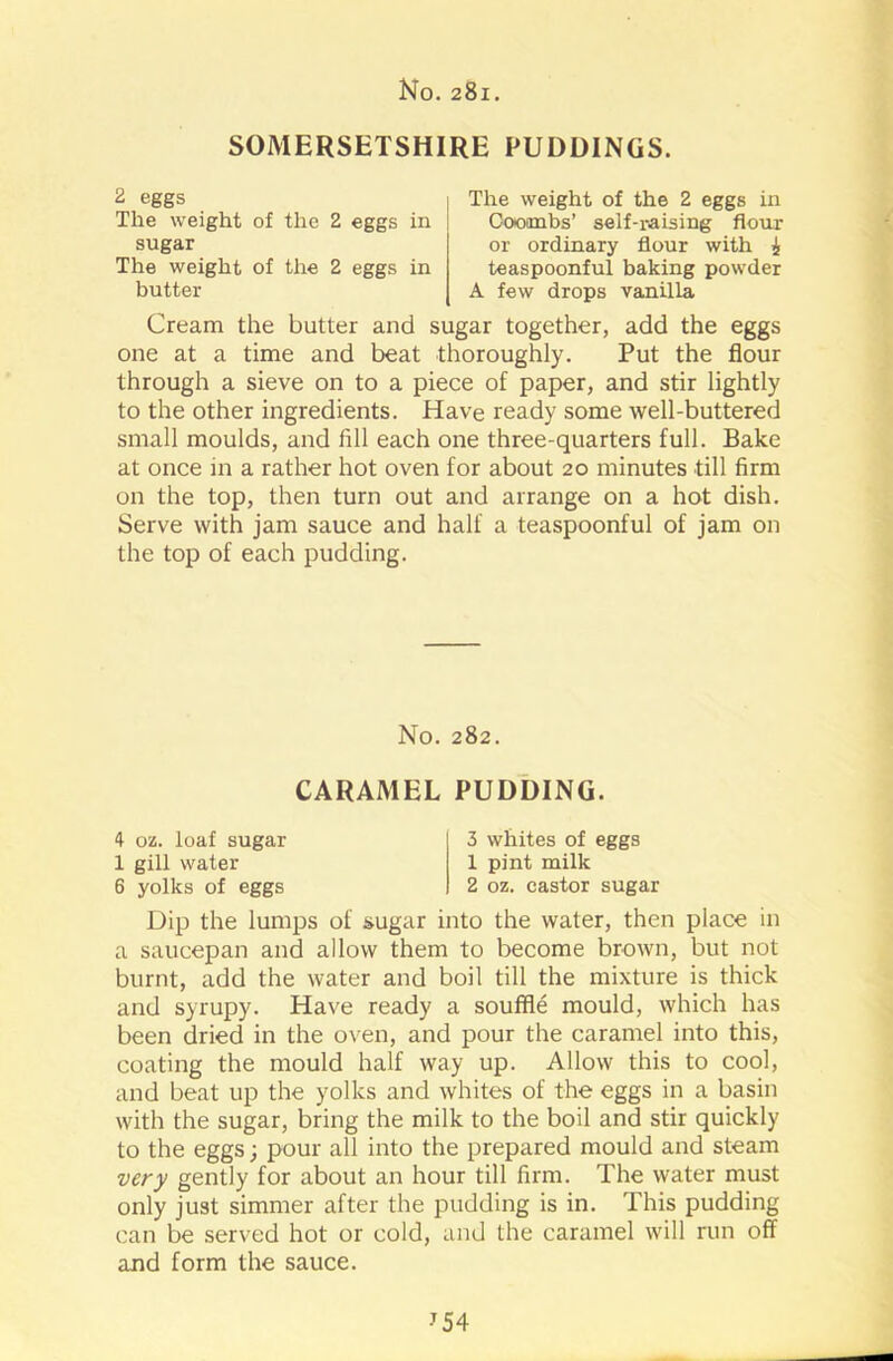 SOMERSETSHIRE PUDDINGS. 2 eggs The weight of the 2 eggs in sugar The weight of the 2 eggs in butter The weight of the 2 eggs in Coombs’ self-raising flour or ordinary flour with i teaspoonful baking powder A few drops vanilla Cream the butter and sugar together, add the eggs one at a time and beat thoroughly. Put the flour through a sieve on to a piece of paper, and stir lightly to the other ingredients. Have ready some well-buttered small moulds, and fill each one three-quarters full. Bake at once in a rather hot oven for about 20 minutes till firm on the top, then turn out and arrange on a hot dish. Serve with jam sauce and half a teaspoonful of jam on the top of each pudding. Dip the lumps of sugar into the water, then place in a saucepan and allow them to become brown, but not burnt, add the water and boil till the mixture is thick and syrupy. Have ready a souffle mould, which has been dried in the oven, and pour the caramel into this, coating the mould half way up. Allow this to cool, and beat up the yolks and whites of the eggs in a basin with the sugar, bring the milk to the boil and stir quickly to the eggs; pour all into the prepared mould and steam very gently for about an hour till firm. The water must only just simmer after the pudding is in. This pudding can be served hot or cold, and the caramel will run off and form the sauce. No. 282. CARAMEL PUDDING. 4 oz. loaf sugar 1 gill water 6 yolks of eggs 3 whites of eggs 1 pint milk 2 oz. castor sugar -T54